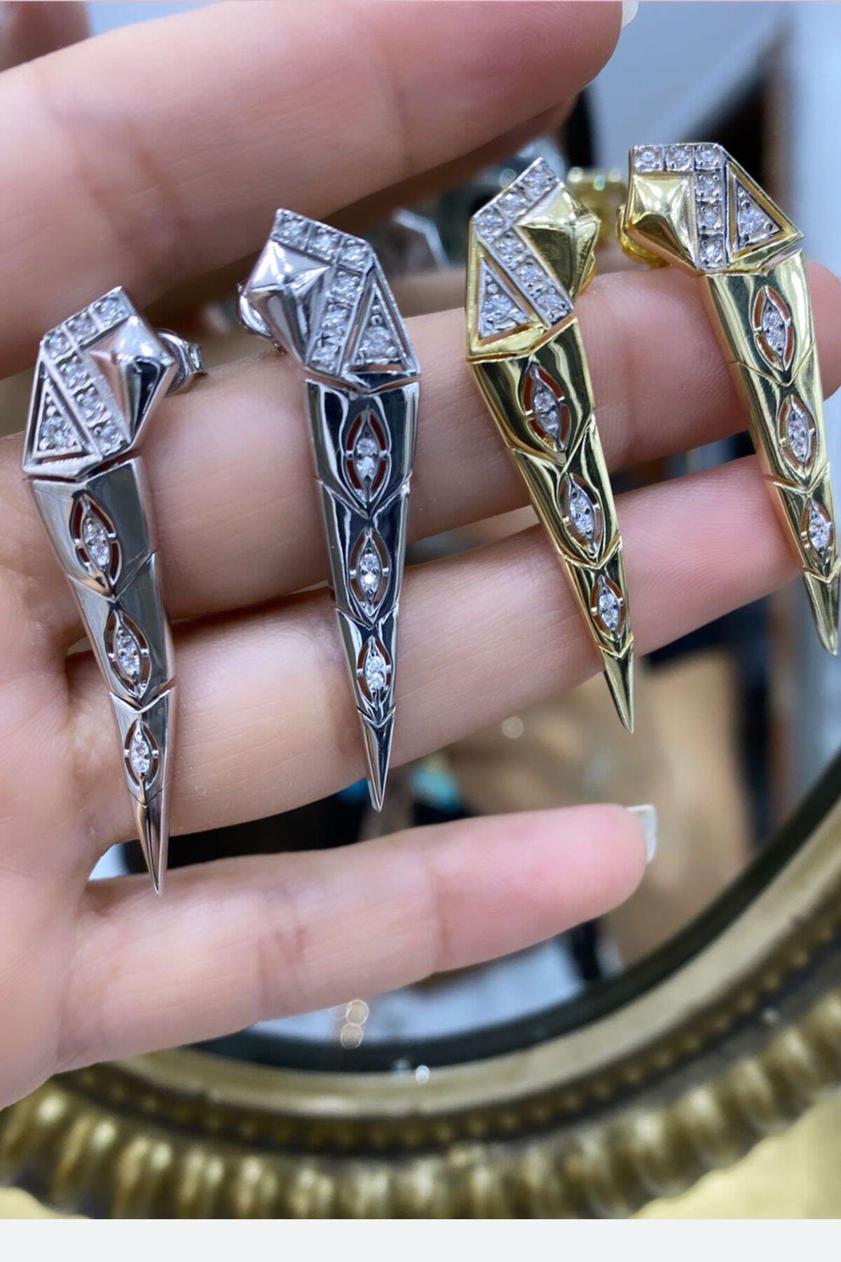 Gold Rengi Taşlı Gümüş Küpe By-6991