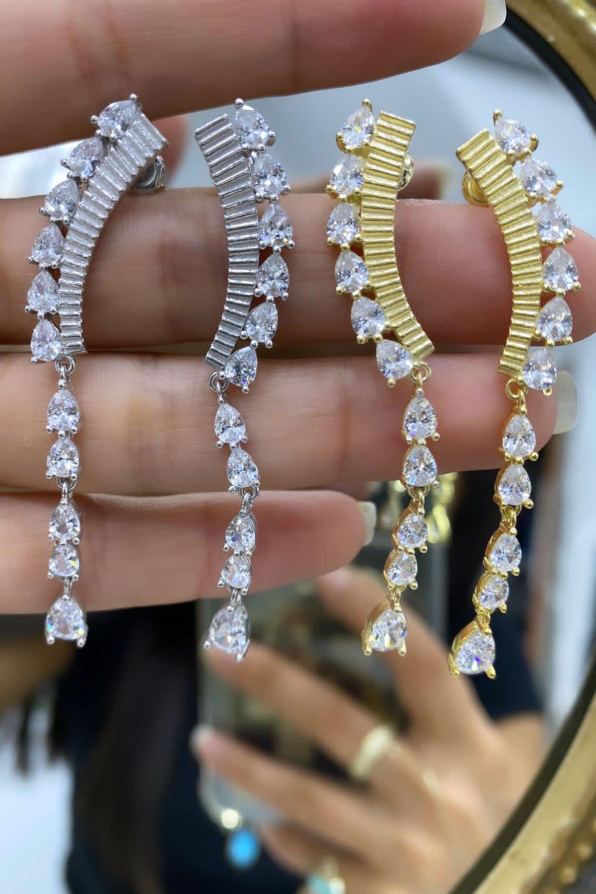 Gold Rengi Taşlı Gümüş Küpe By-7016