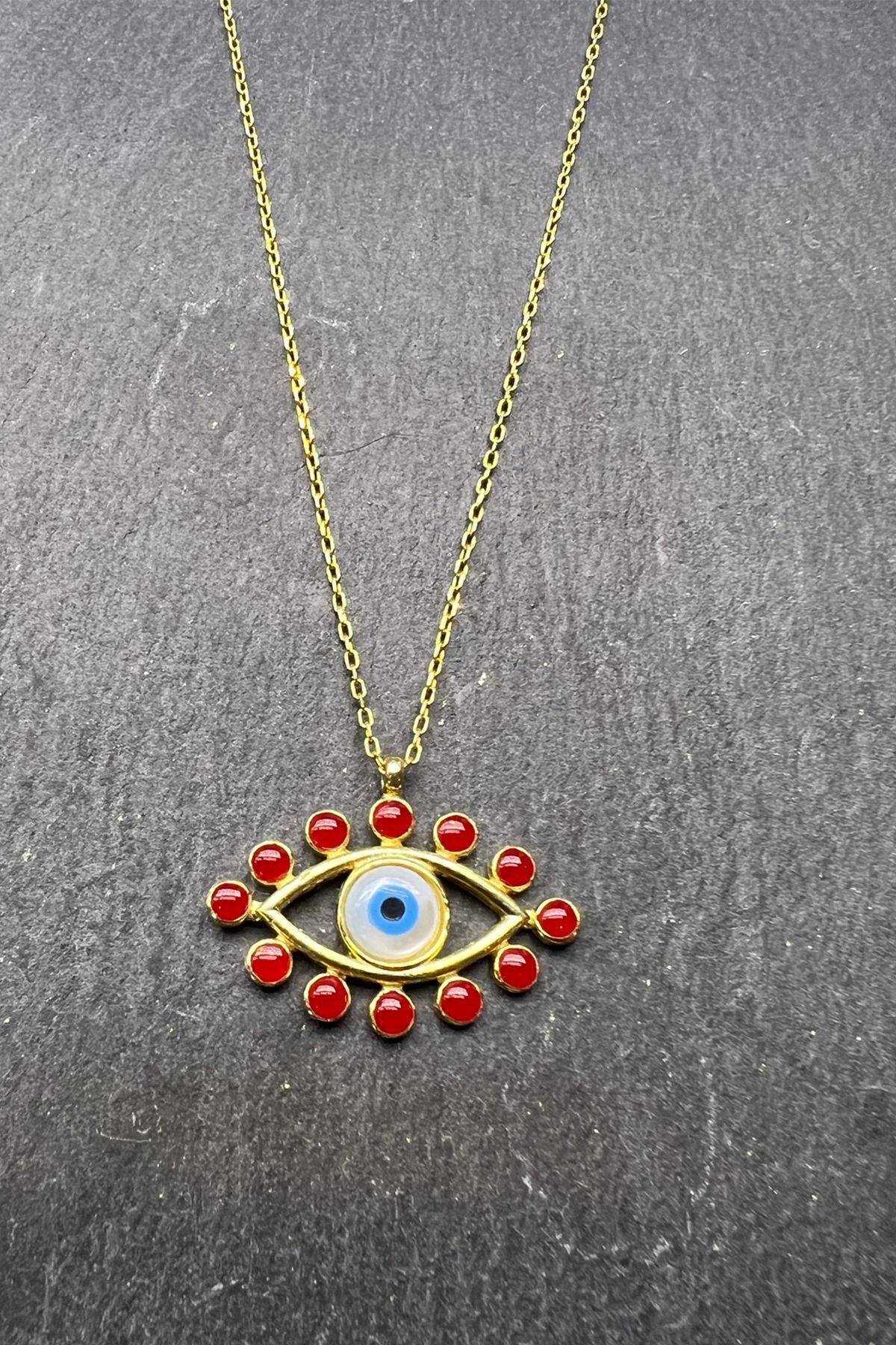 Göz Desenli Kırmızı Taşlı Gümüş Kolye By-5922