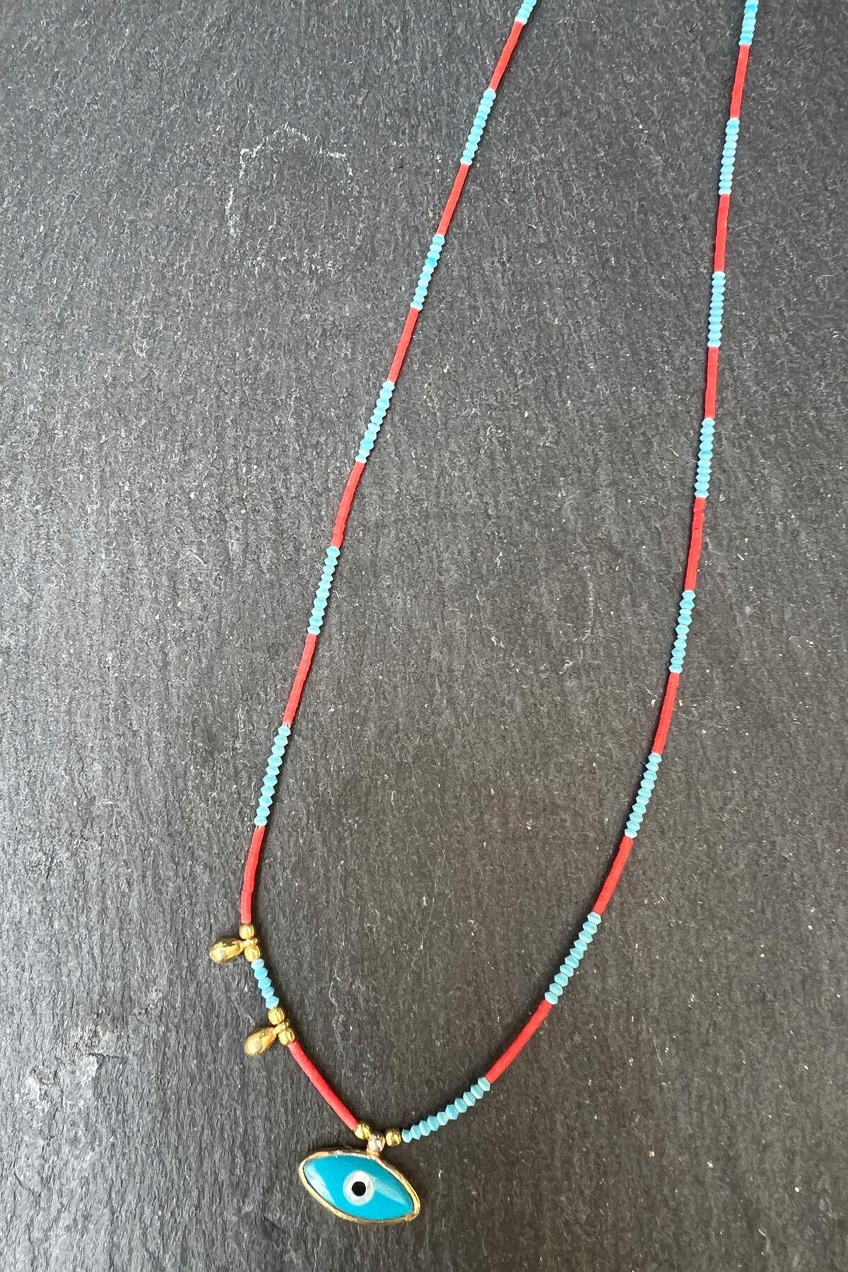 Göz Desenli Mavi Kırmızı Boncuklu Gümüş Kolye By-6370