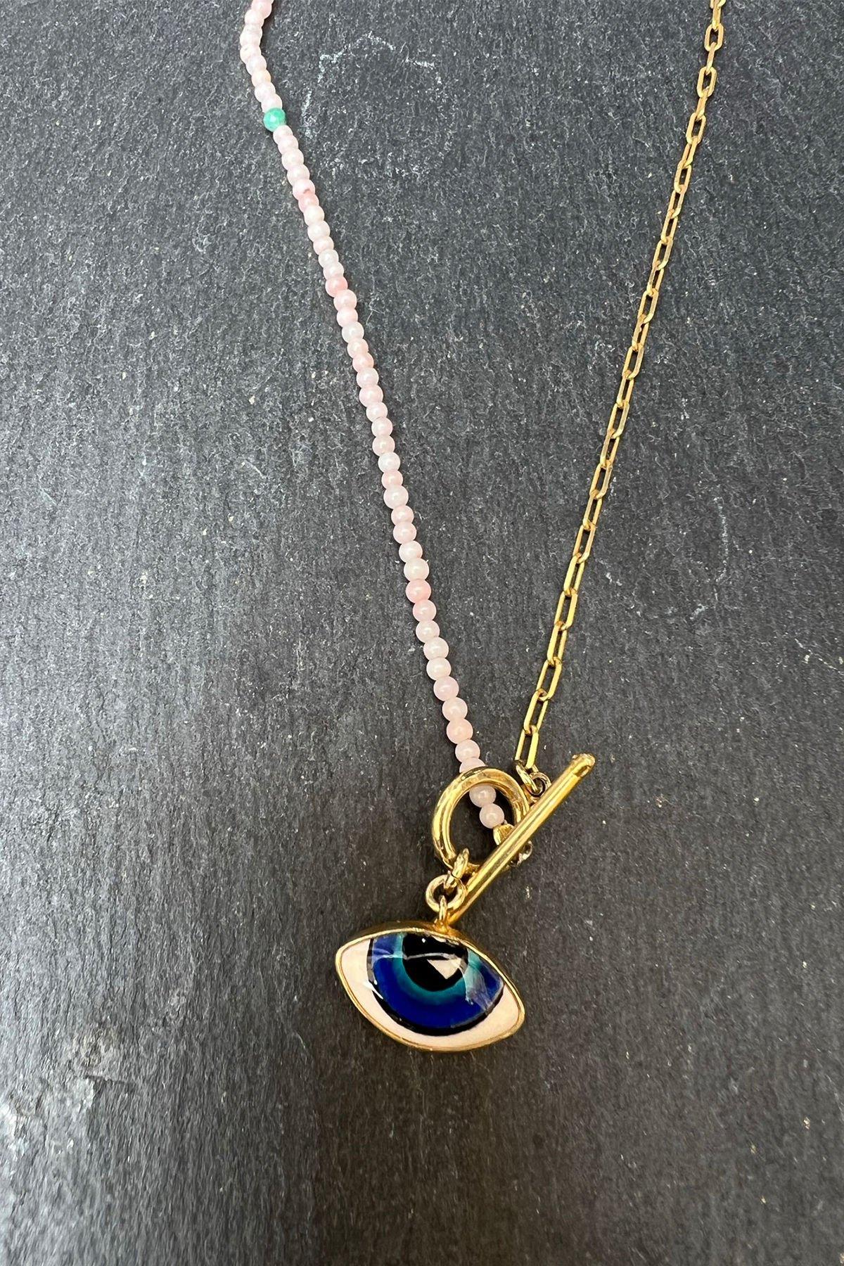 Göz Desenli Pembe Boncuk Zincir Gümüş Kolye By-6365