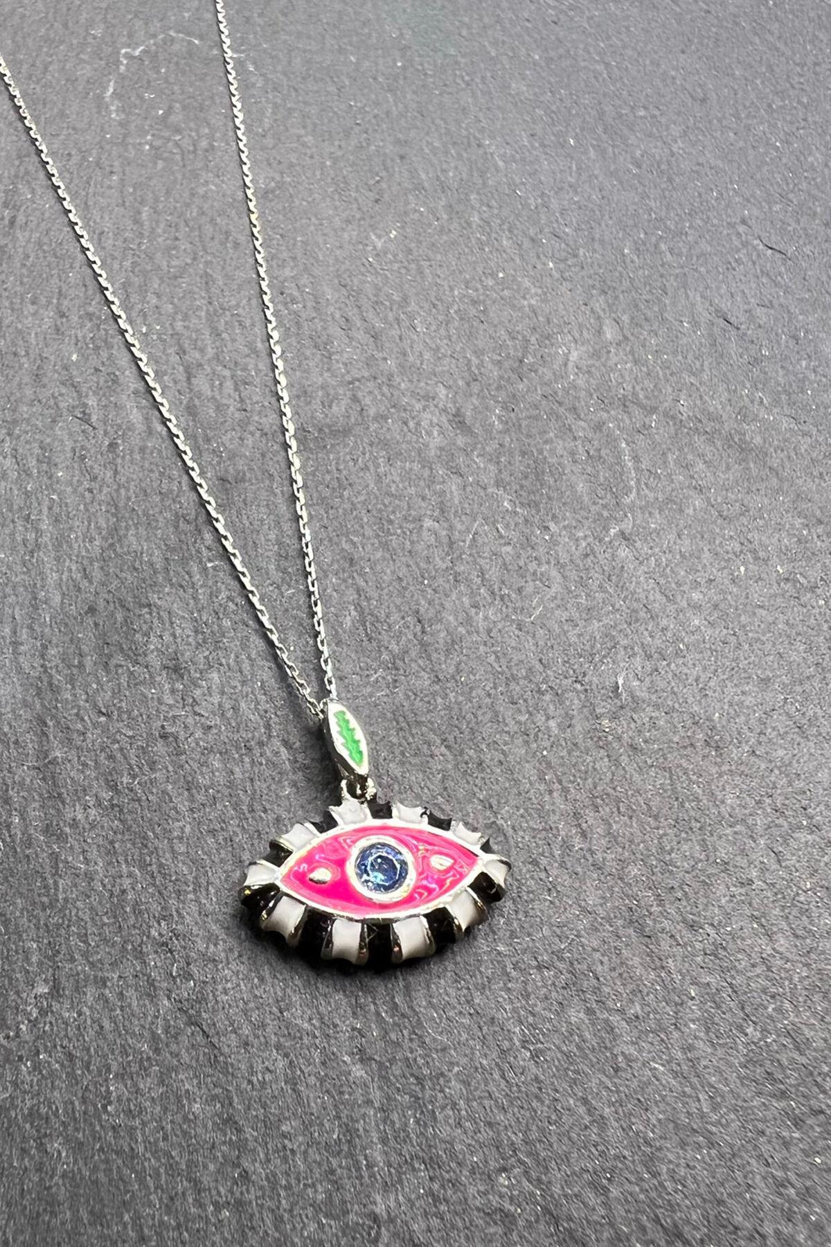 Göz Desenli Renkli Gümüş Kolye By-6000