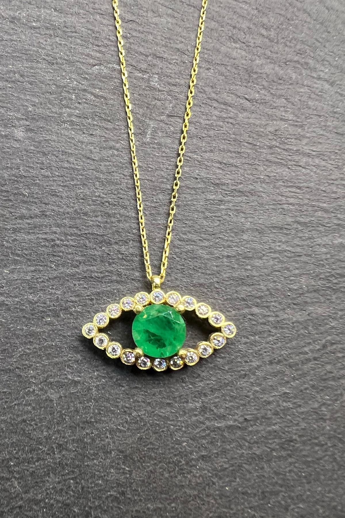 Göz Desenli Yeşil Taşlı Gümüş Kolye By-5916