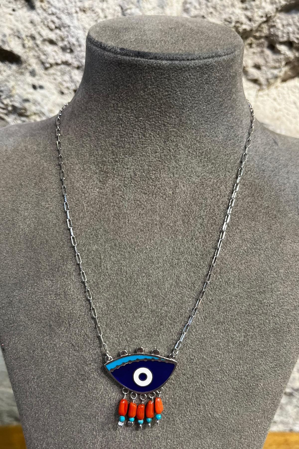 Göz Model Mercan Taşlı Gümüş Kolye By-8712