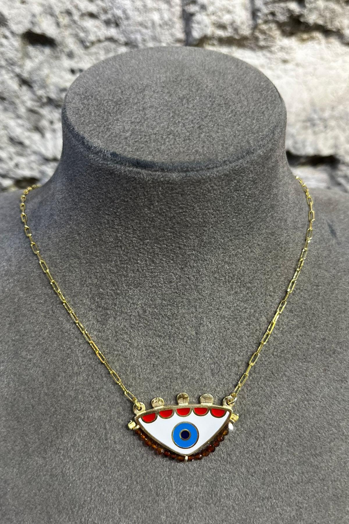 Granat Taşlı Göz Model Gümüş Kolye By-8716