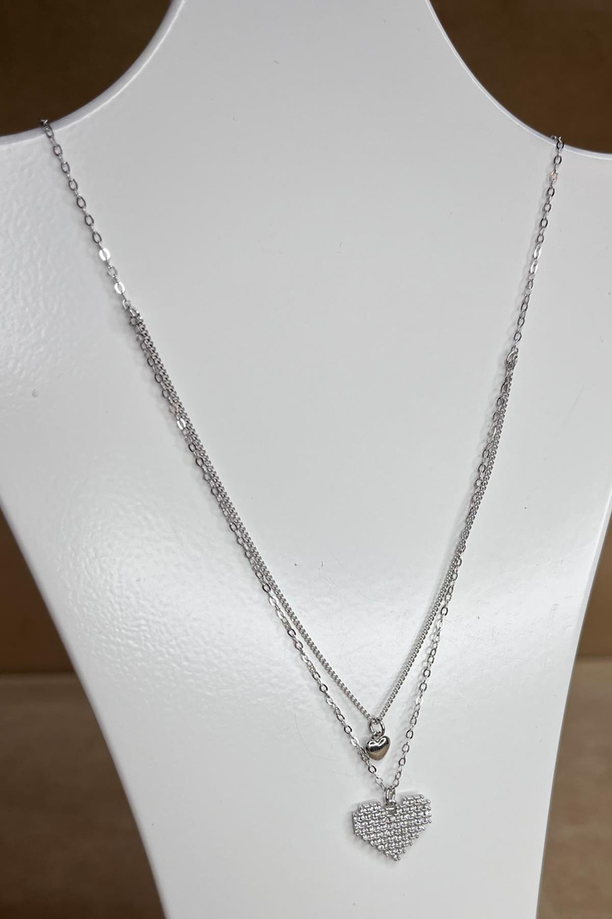 İkili Model Kalpli Gümüş Kolye By-8963