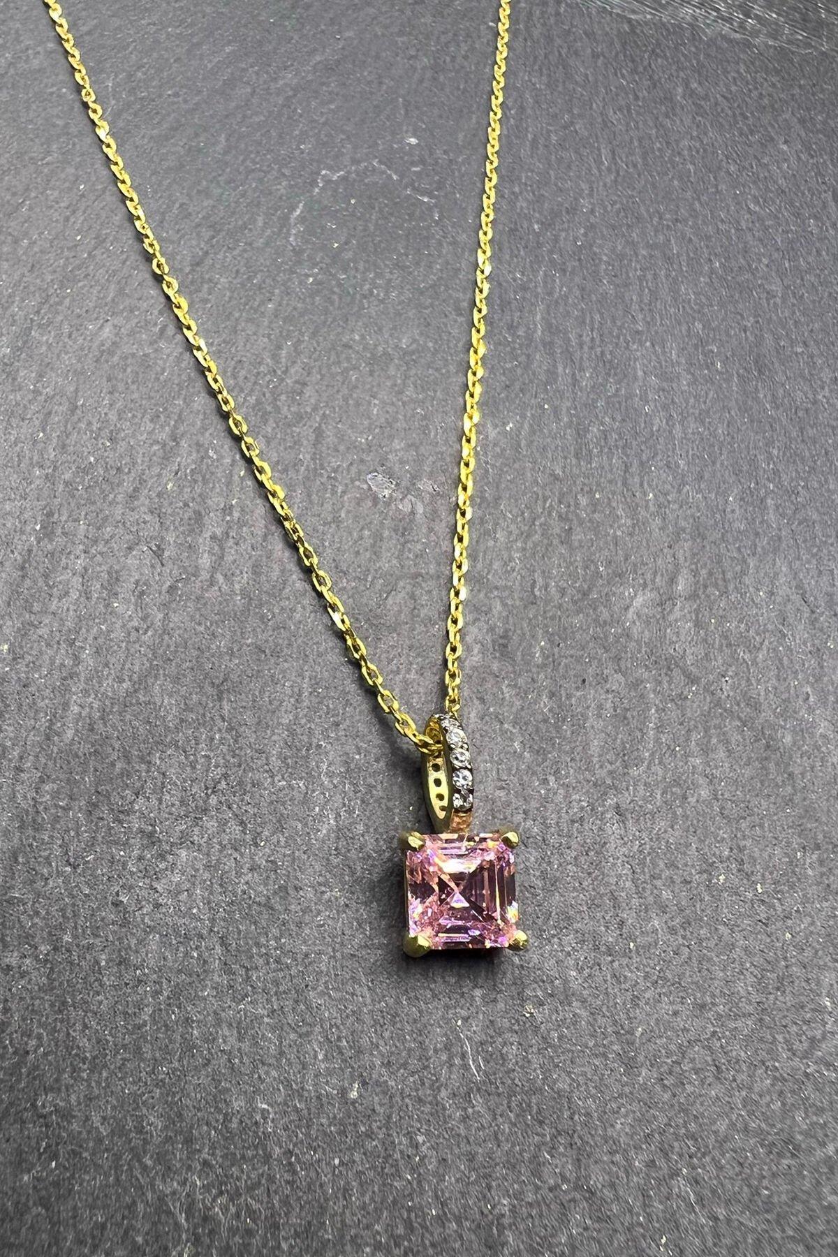Kare Pembe Taşlı Gümüş Kolye By-6554