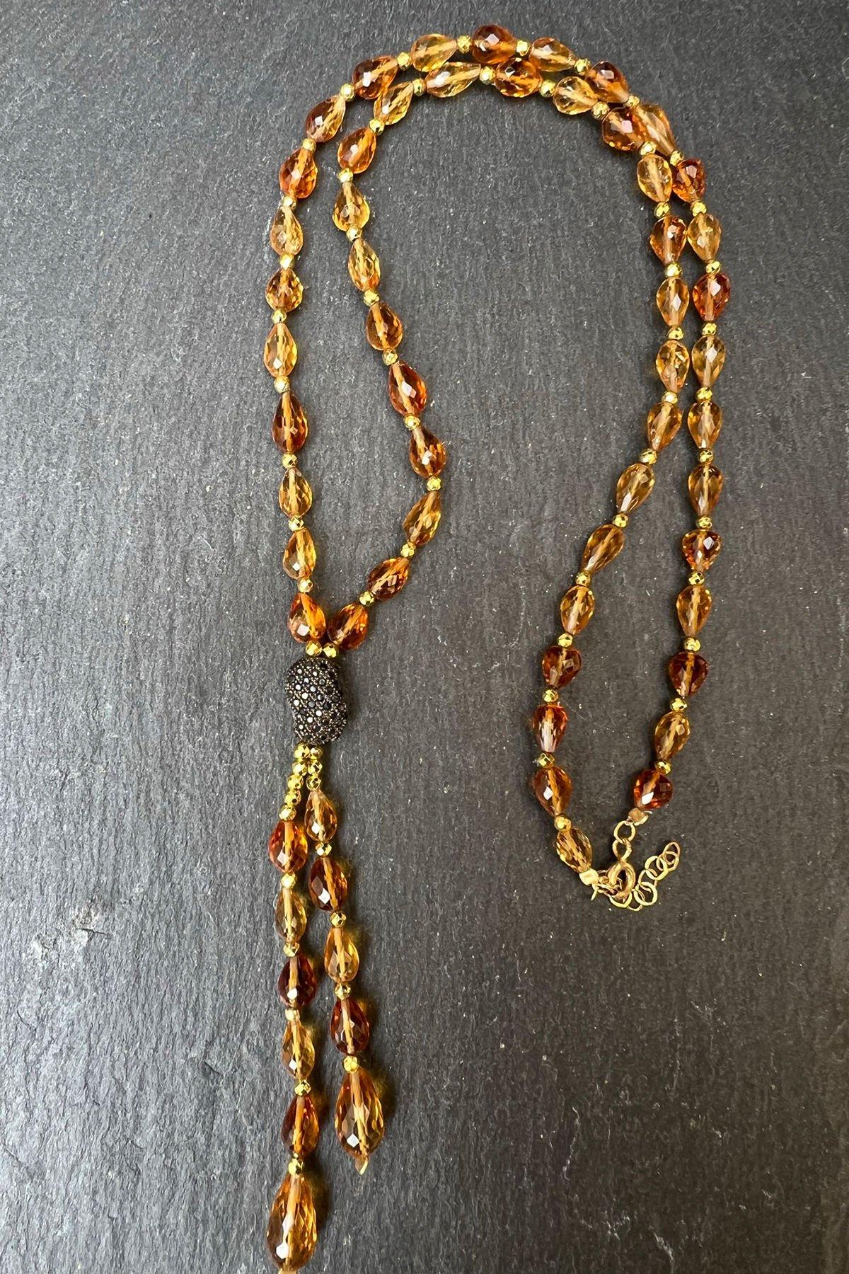 Kehribar Rengi Boncuklu Gümüş Kolye By-6367