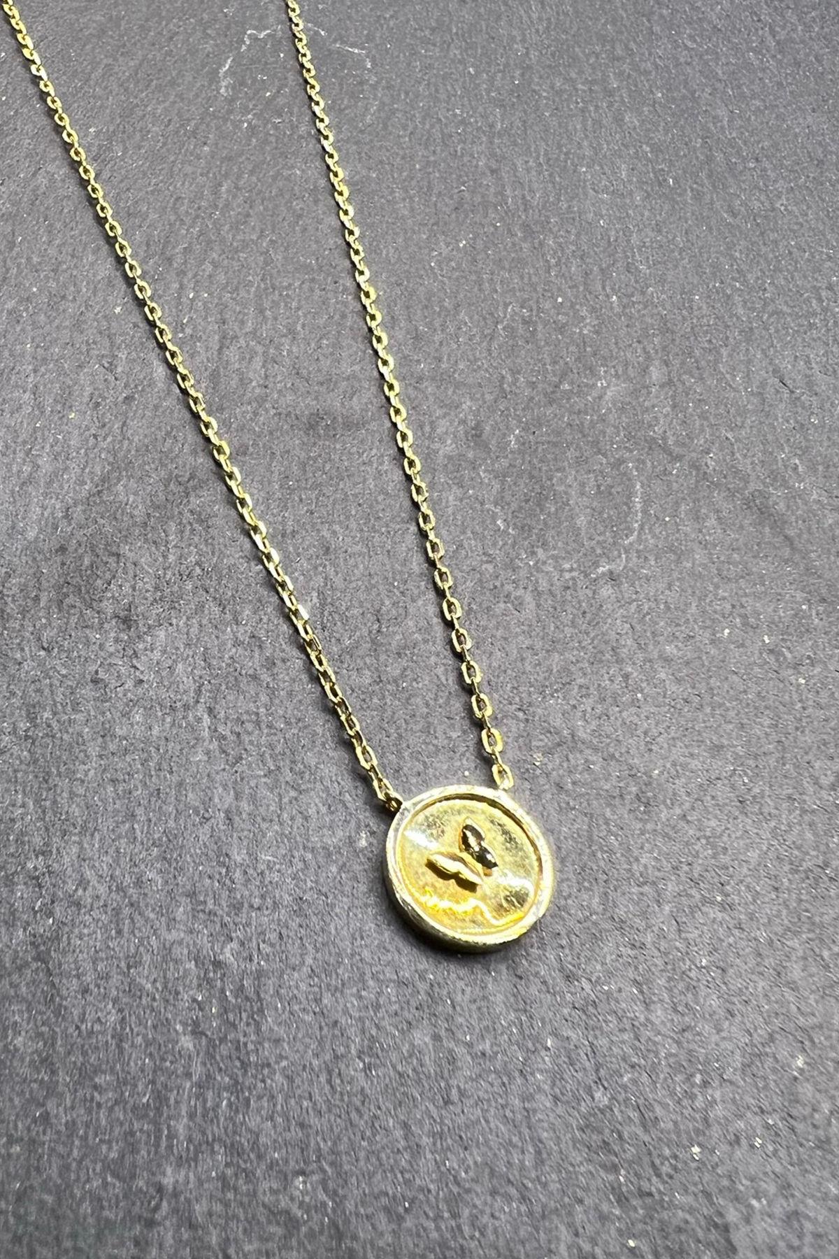 Kelebek Desenli Yuvarlak Gümüş Kolye By-5955