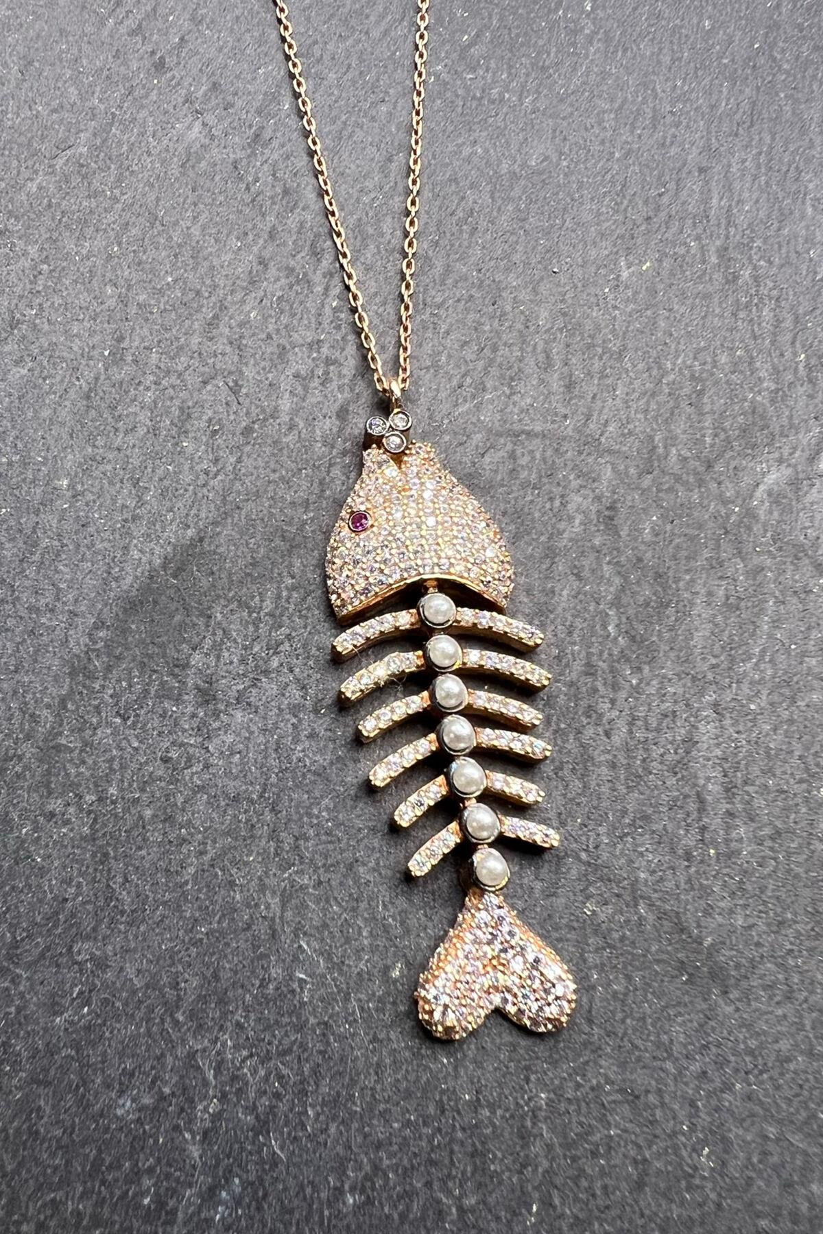 Kılçık Desenli Taşlı Gümüş Kolye By-5952