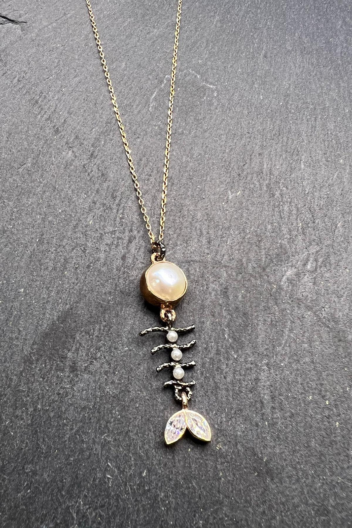 Kılçık Desenli Taşlı Gümüş Kolye By-5943