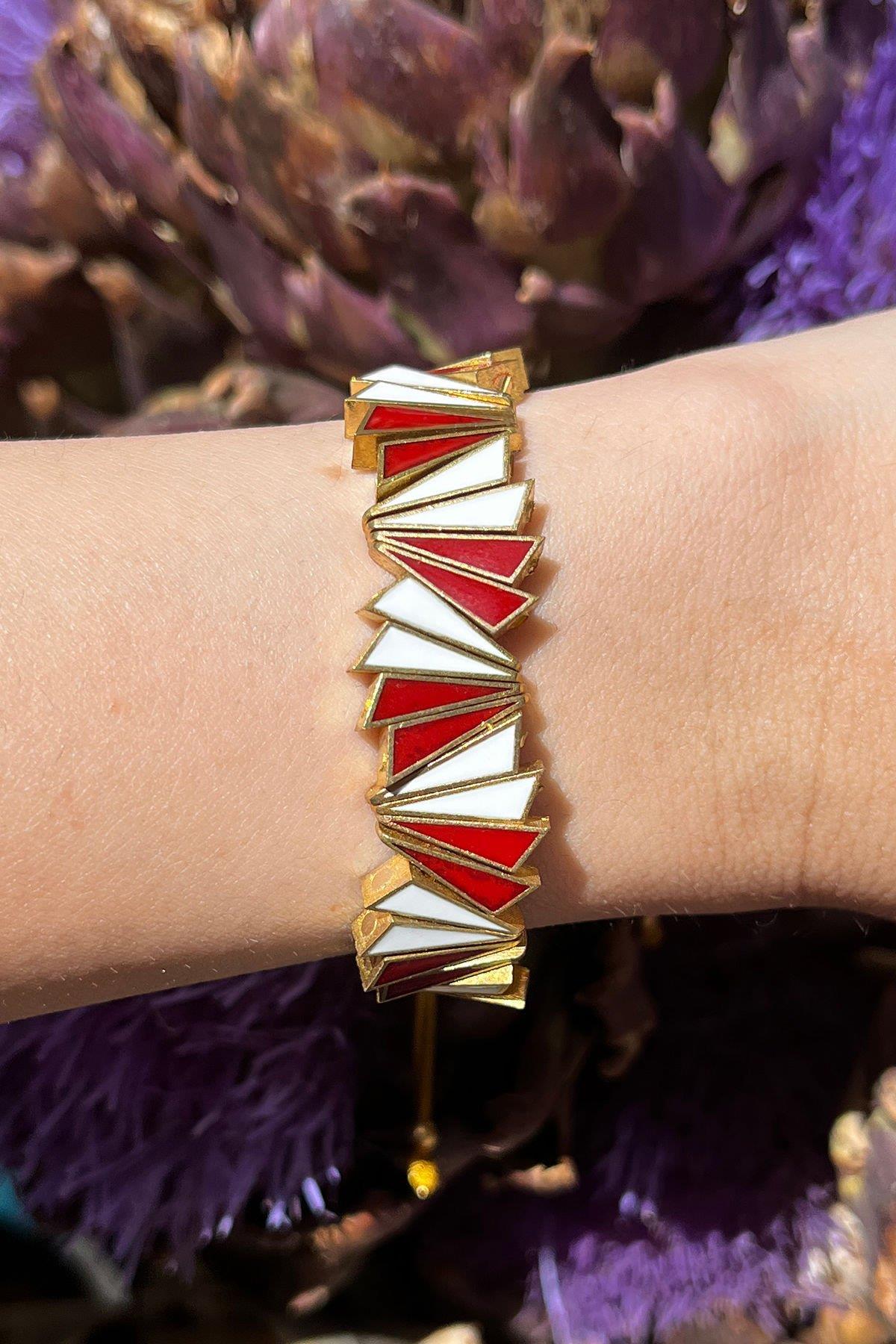 Kırmızı Beyaz Mineli Bronz Bileklik By-8448