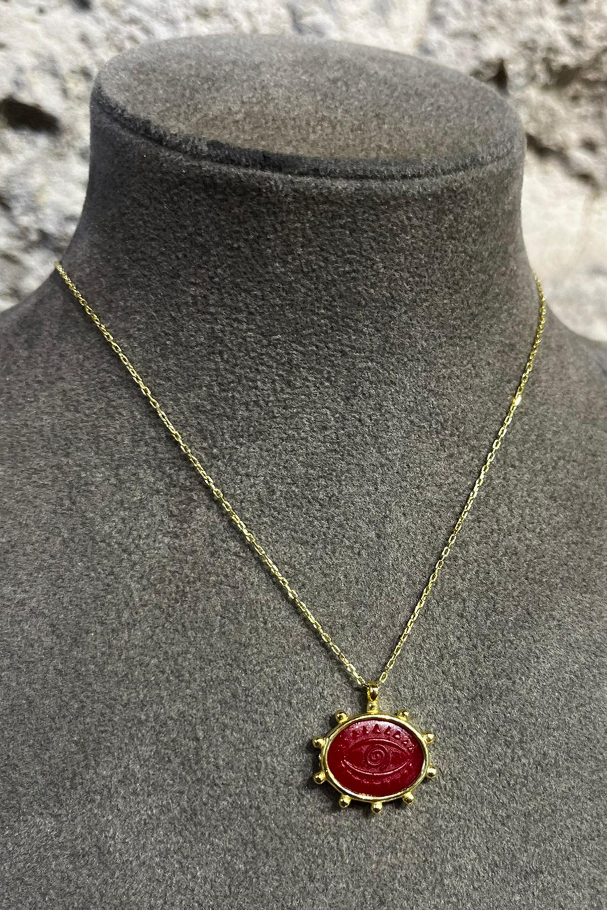 Kırmızı Eskitme Cam Göz Model Gümüş Kolye By-8726