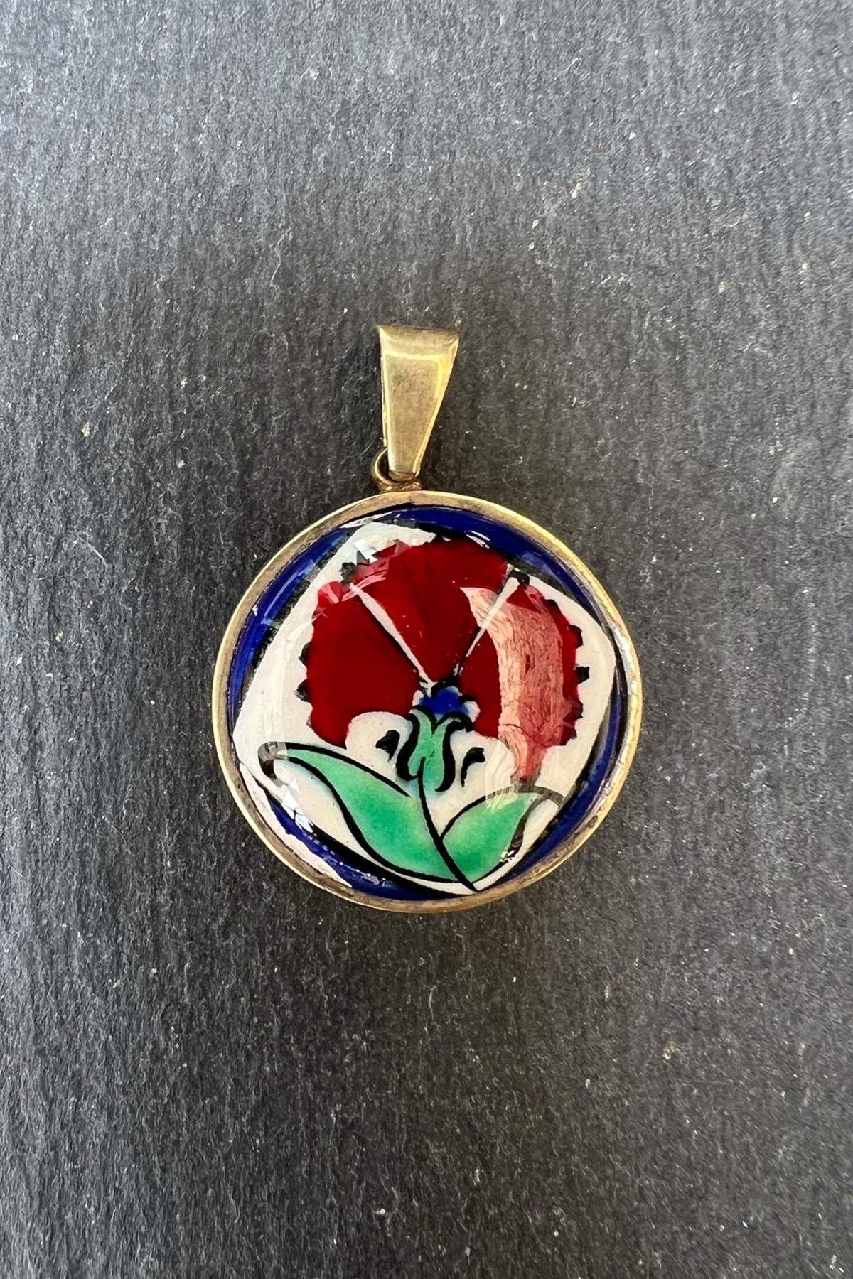 Kırmızı Lacivert Lale Desenli Gümüş Kolye Ucu By-6388