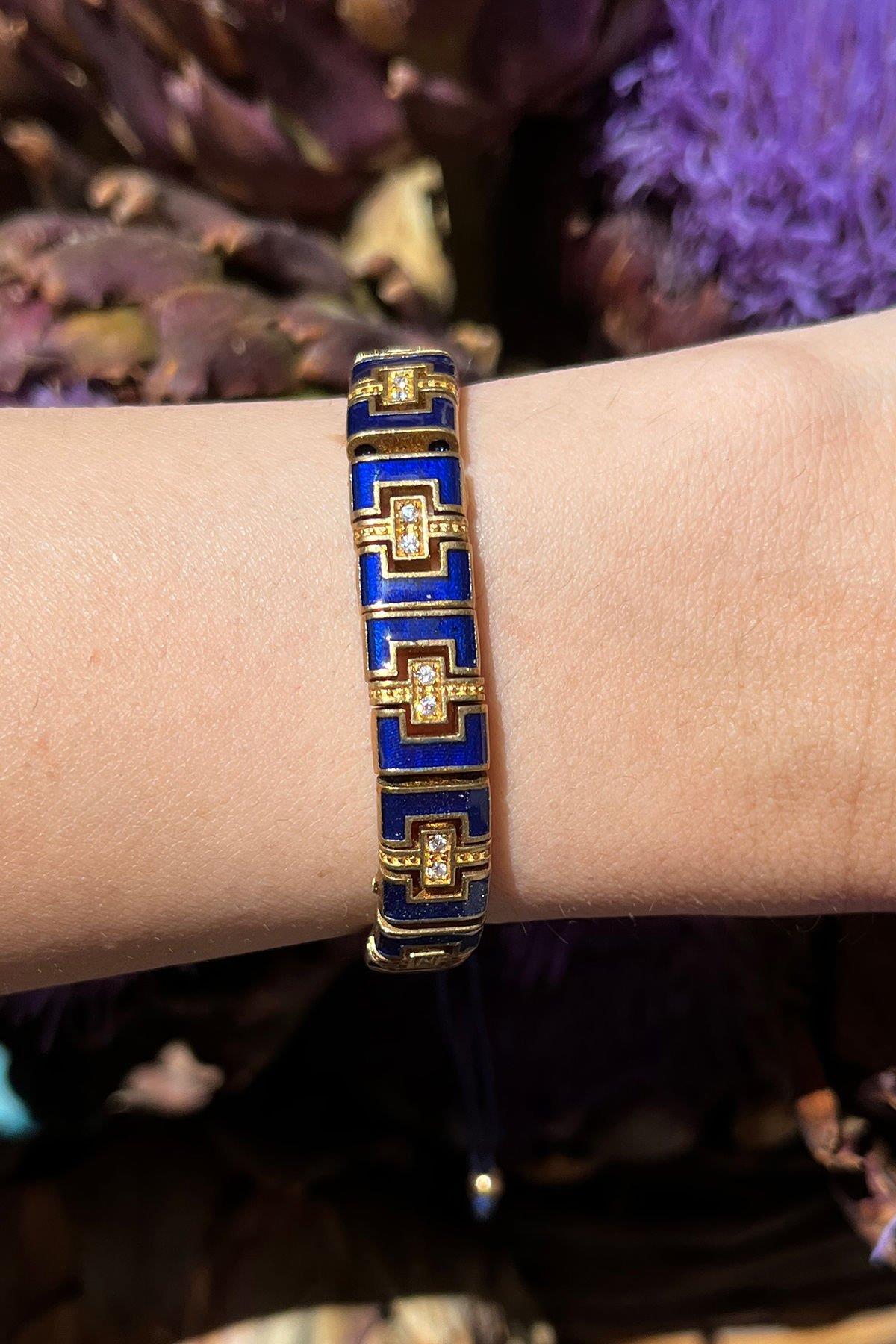 Lacivert Mineli Dikdörtgen Model Bronz Bileklik By-8442