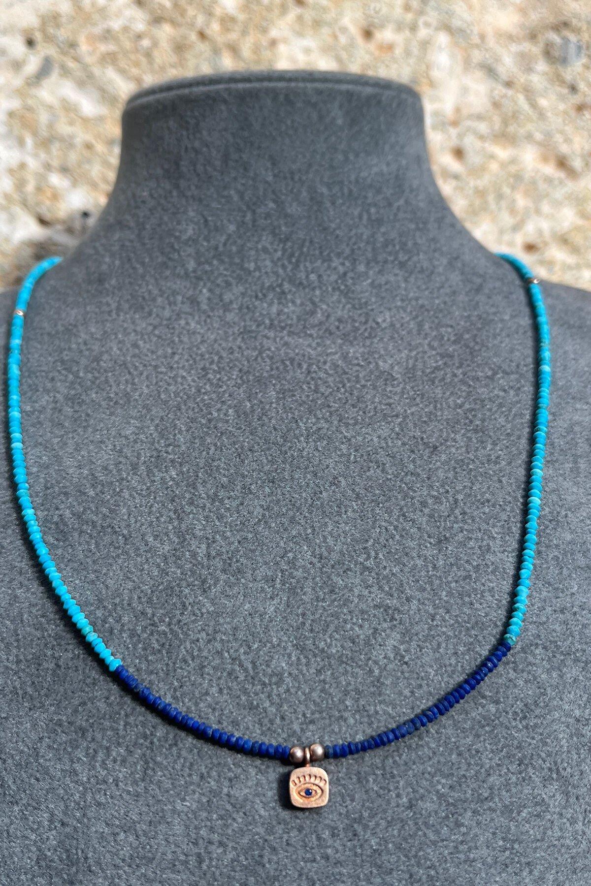 Lapis Ve Turkuaz Taşlı Gümüş Kolye By-7976