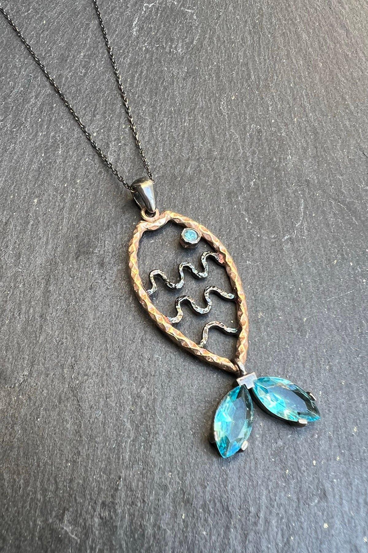 Mavi Balık Desenli Gümüş Kolye By-6118