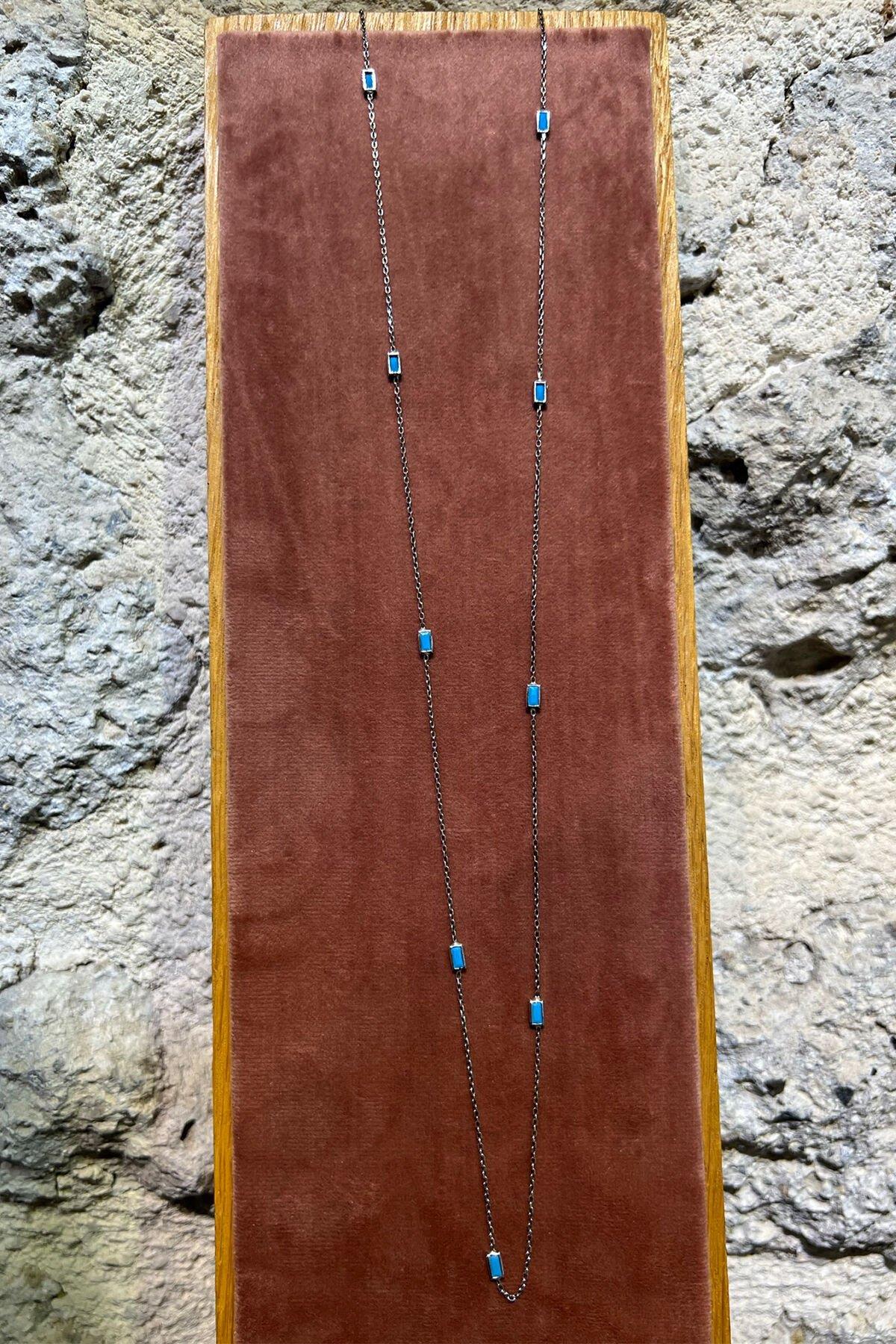 Mavi Kare Taşlı Gümüş Kolye By-6299