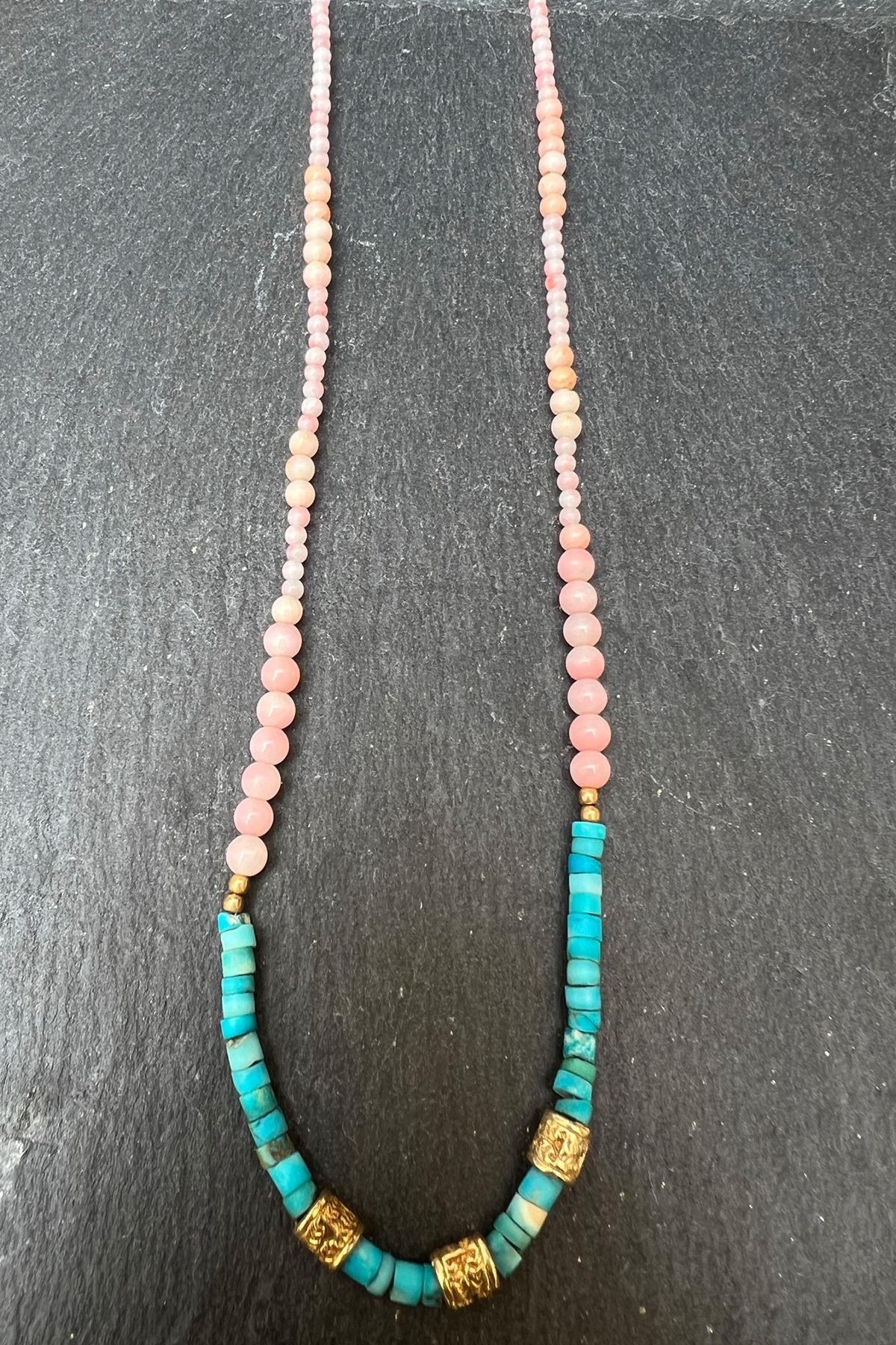 Mavi Pembe Boncuklu Gümüş Kolye By-6363