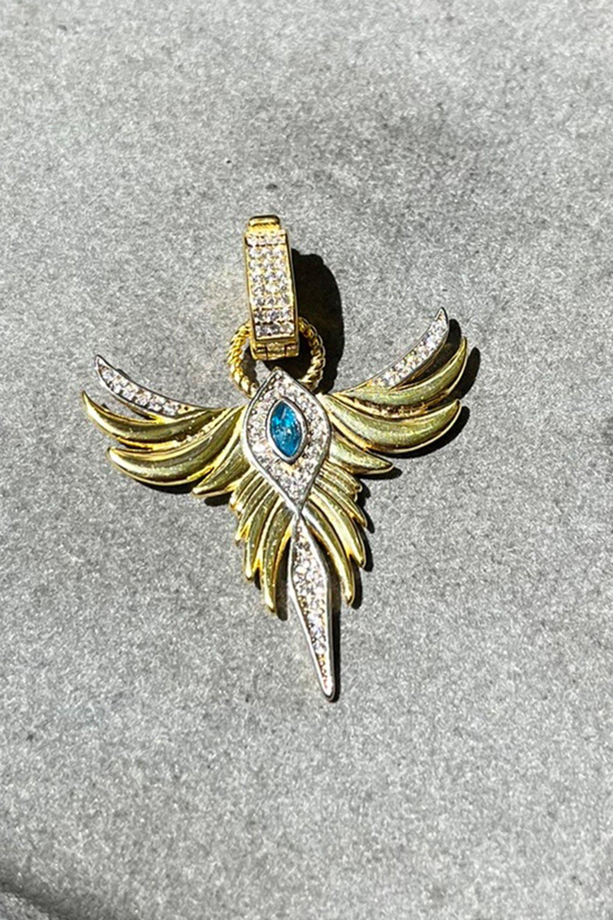 Mavi Taşlı Kanat Model Gümüş Kolye Ucu By-8495