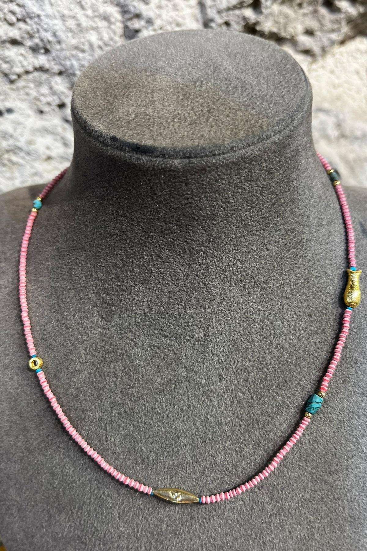 Mercan Ve Turkuaz Taşlı Kolye By-8682