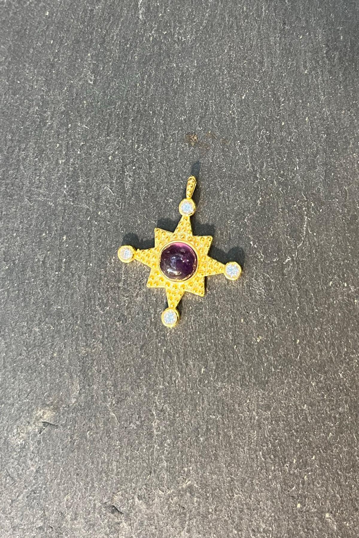 Mor Taşlı Gümüş Kolye Ucu By-7637