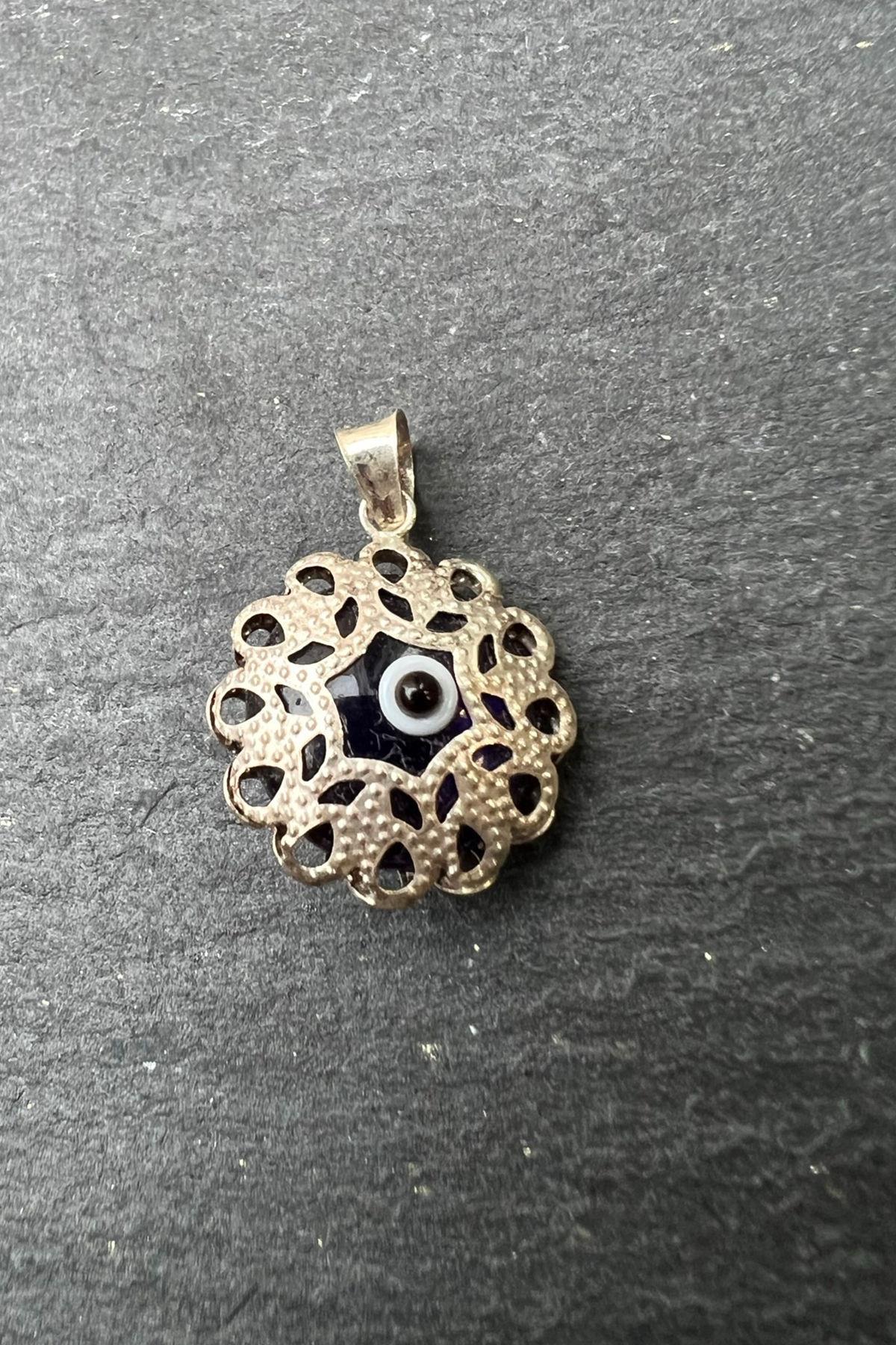 Nazar Boncuklu Yuvarlak Gümüş Kolye Ucu By-6273