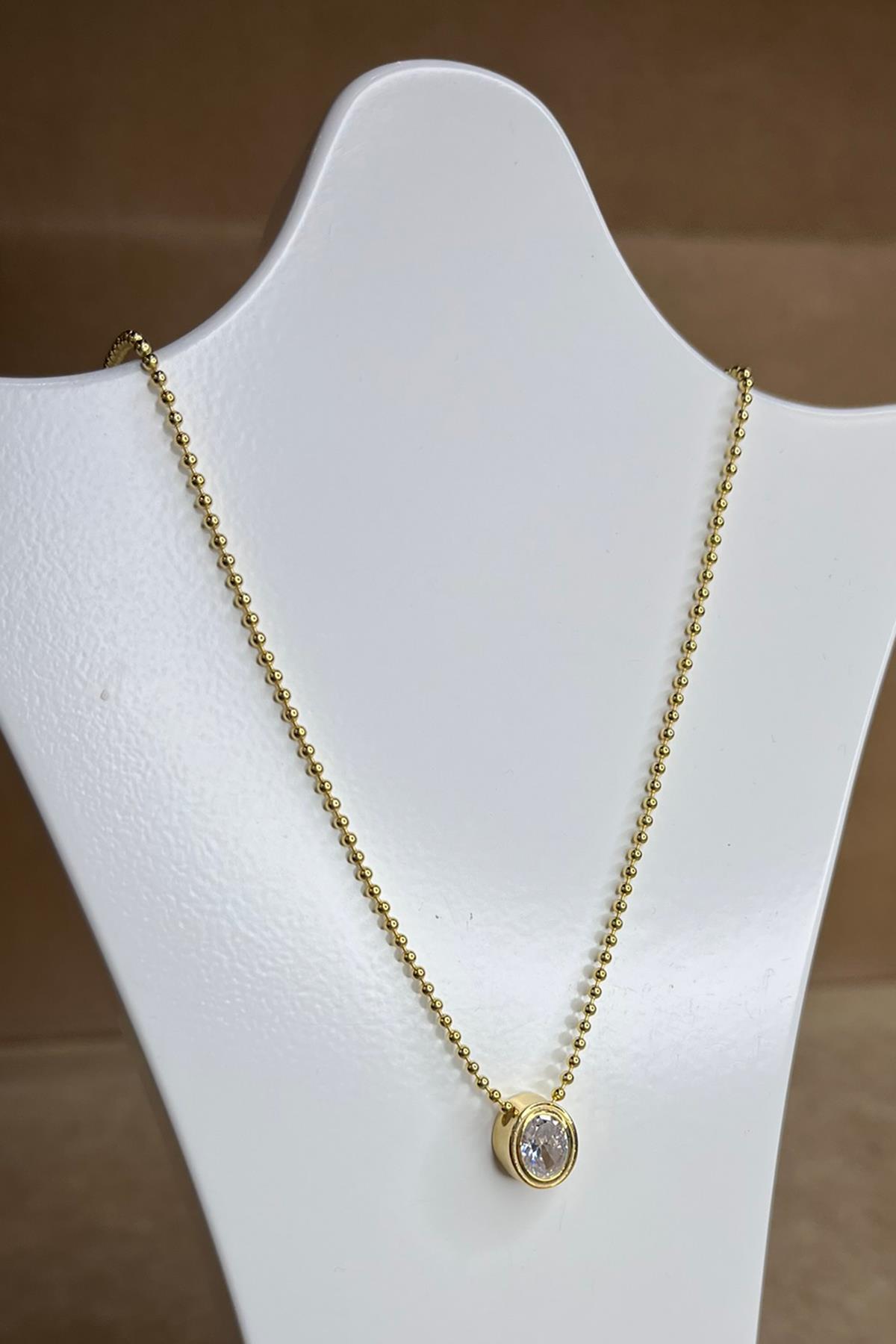 Oval Model Taşlı Gümüş Kolye By-8924