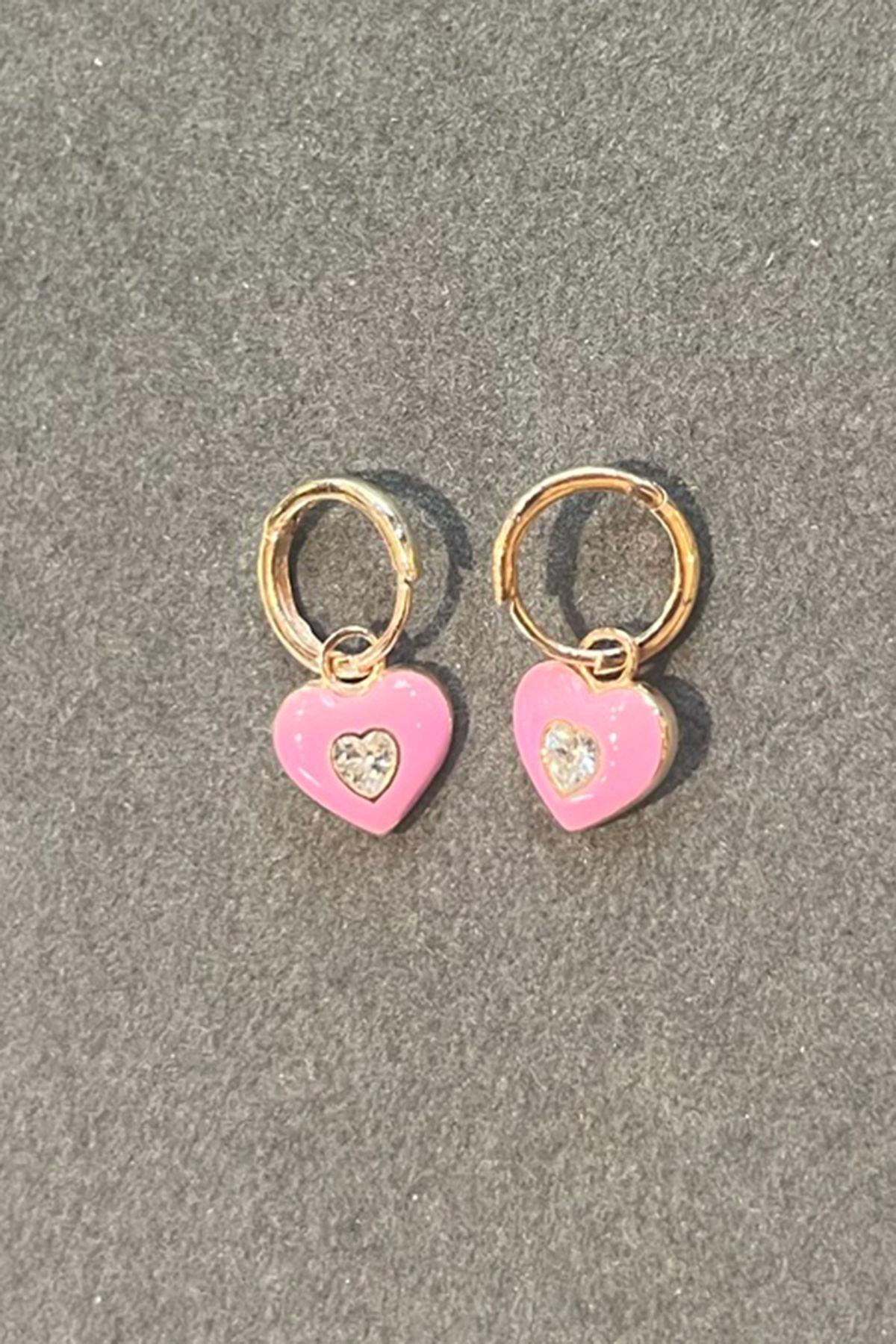 Pembe Kalpli Taşlı Gümüş Halka Küpe By-7330