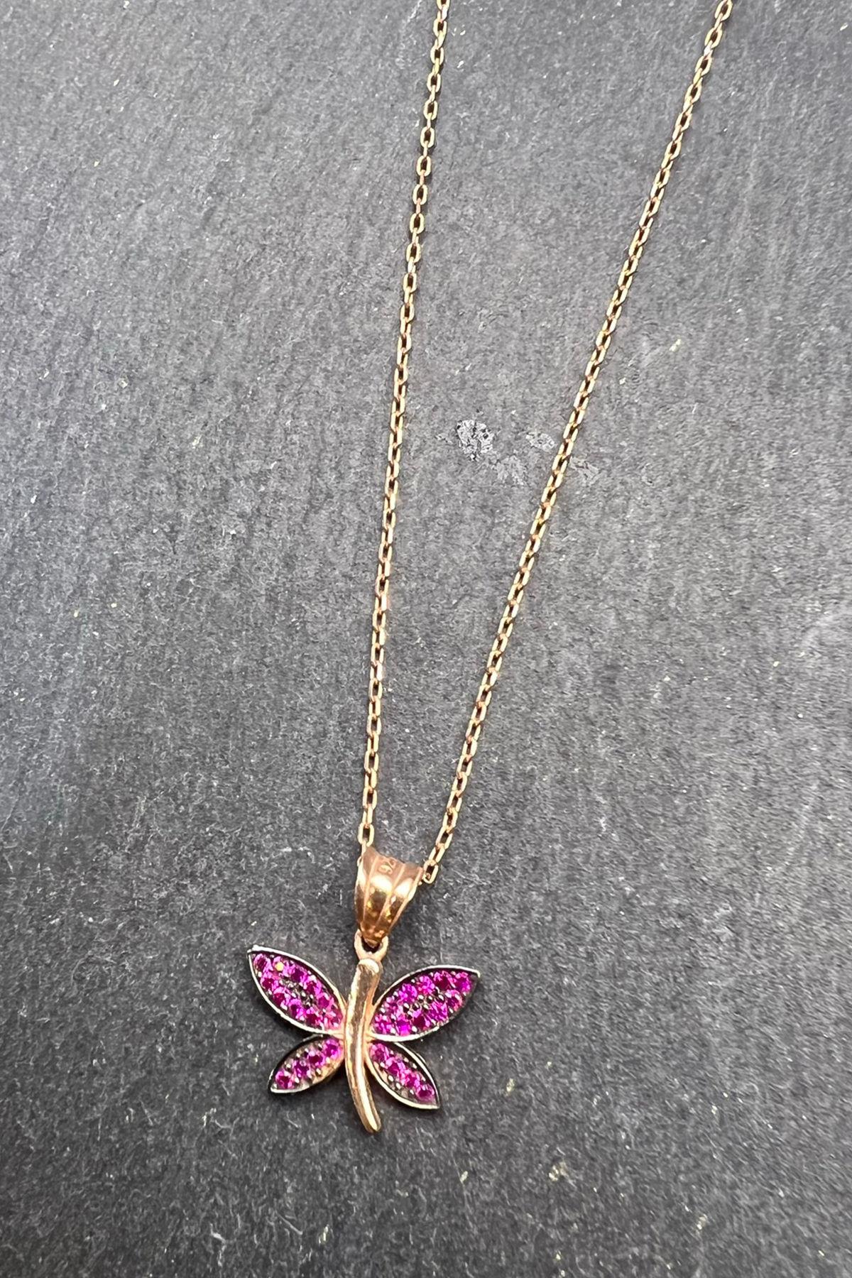 Pembe Kelebek Desenli Gümüş Kolye By-6531