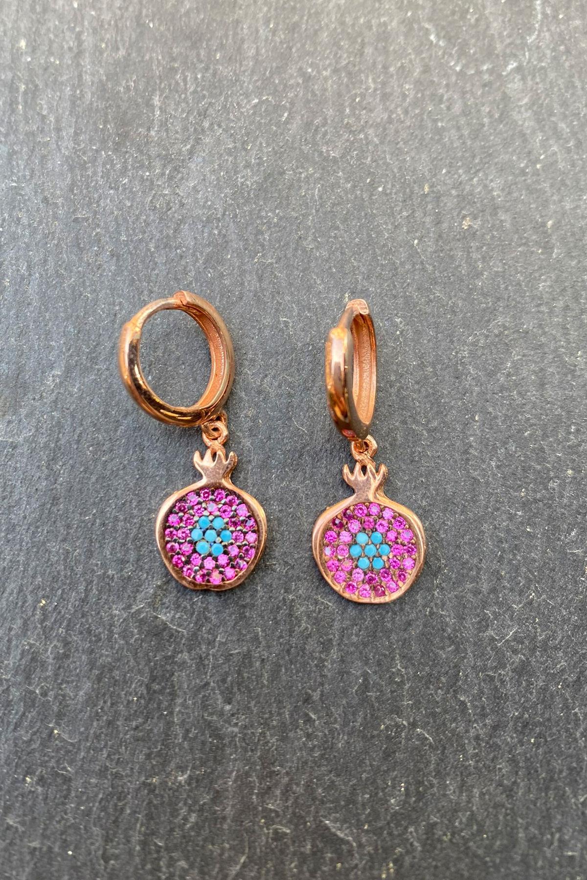 Pembe Mavi Taşlı Halka Gümüş Küpe By-6325