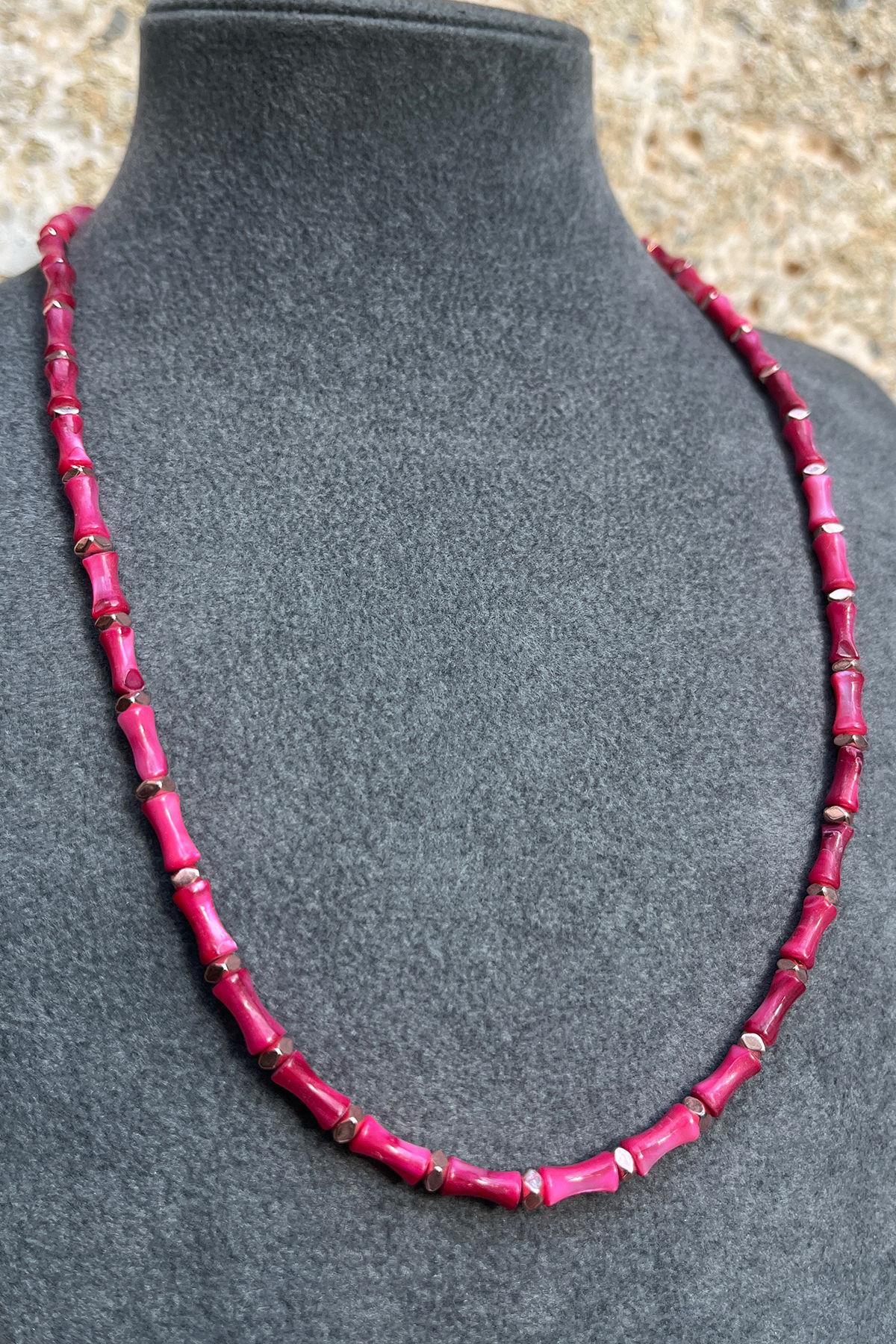 Pembe Mercan Taşlı Gümüş Kolye By-7960