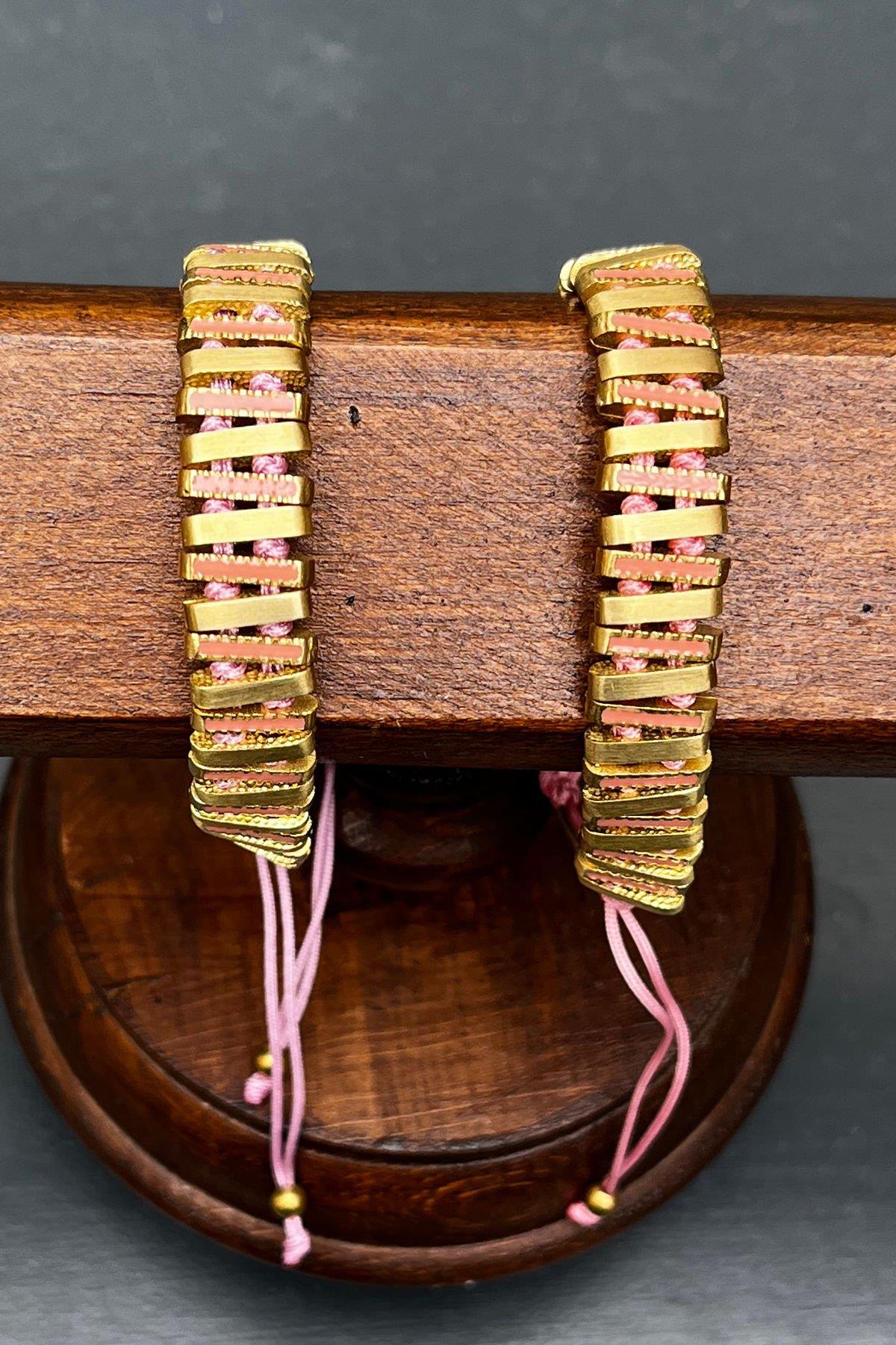Pembe Mineli Çubuk Model Bronz Bileklik By-8116