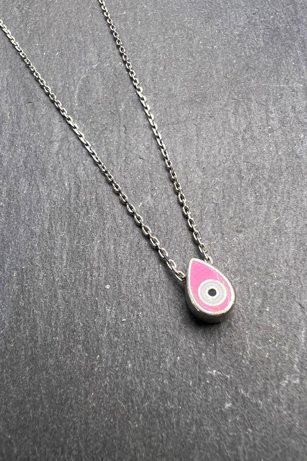 Pembe Nazar Boncuklu Gümüş Kolye By-6452