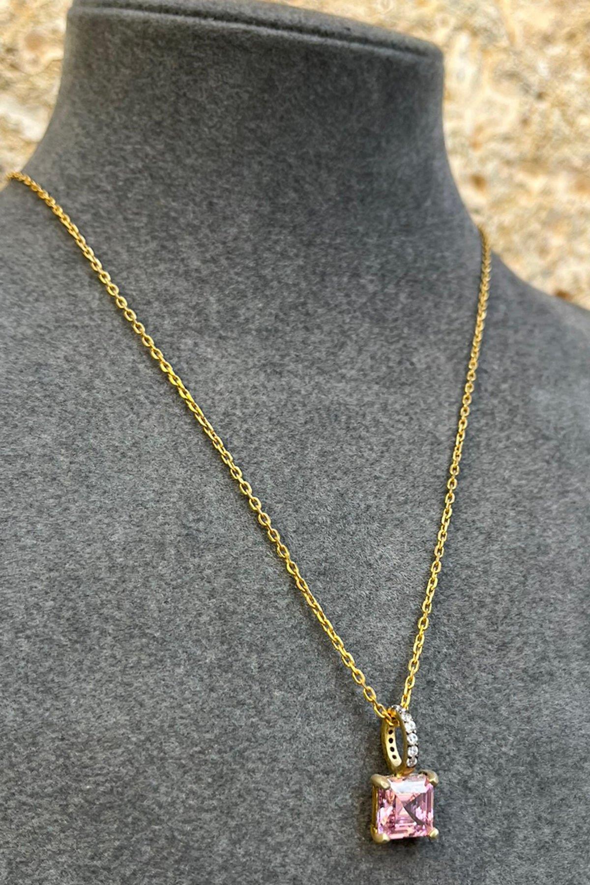 Pembe Taşlı Gümüş Kolye By-8034