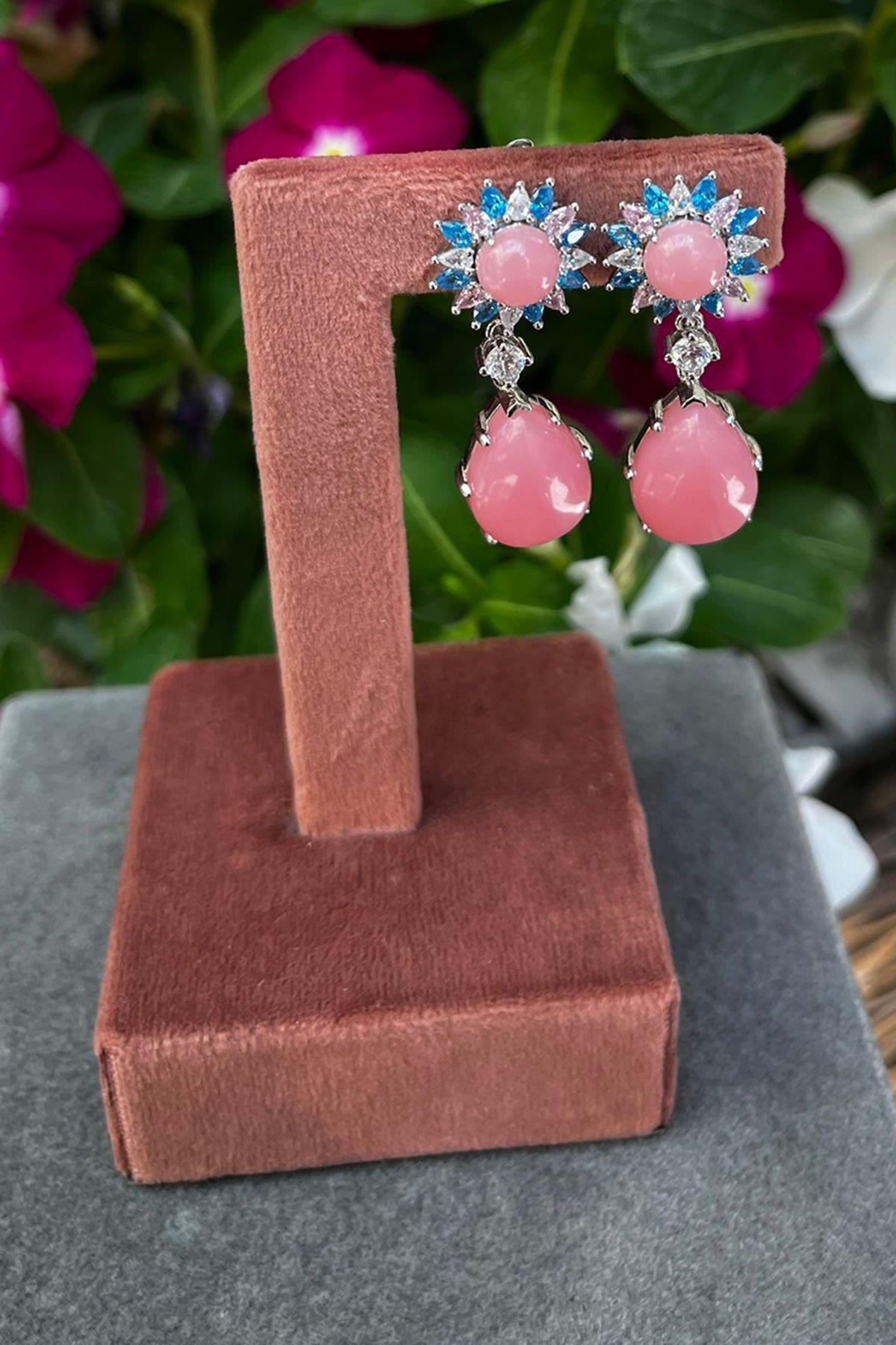 Pembe Taşlı Gümüş Küpe By-8620