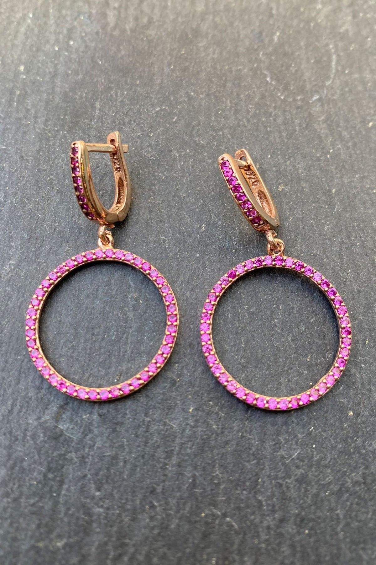 Pembe Taşlı Halka Gümüş Küpe By-6333
