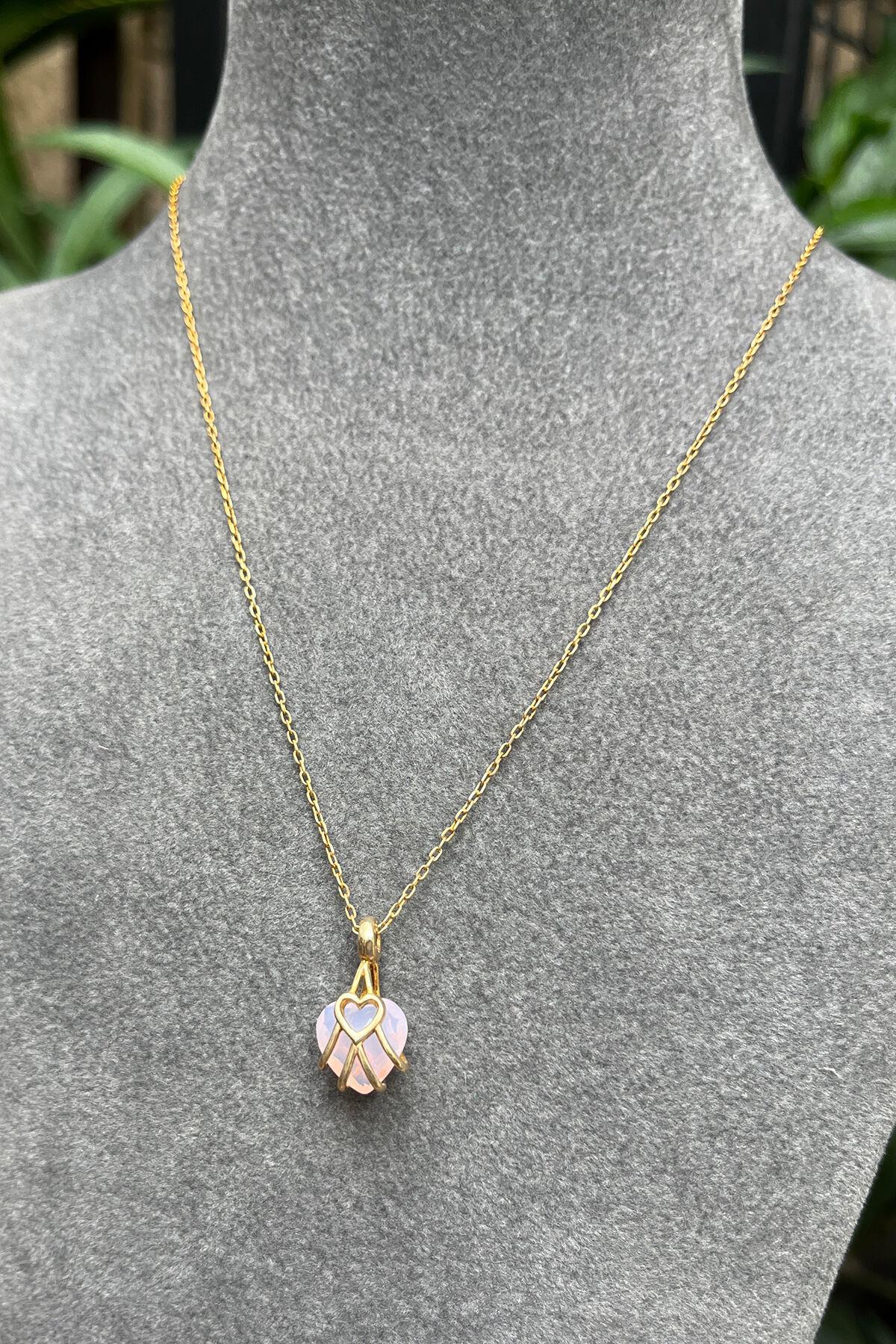 Pembe Taşlı Kalp Model Gümüş Kolye By-7855