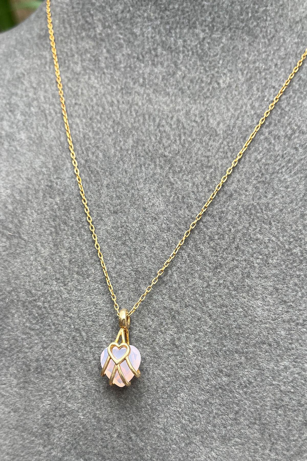 Pembe Taşlı Kalp Model Gümüş Kolye By-7855
