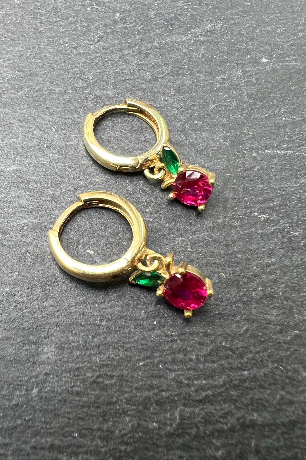 Pembe Yeşil Taşlı Halka Gümüş Küpe By-6268