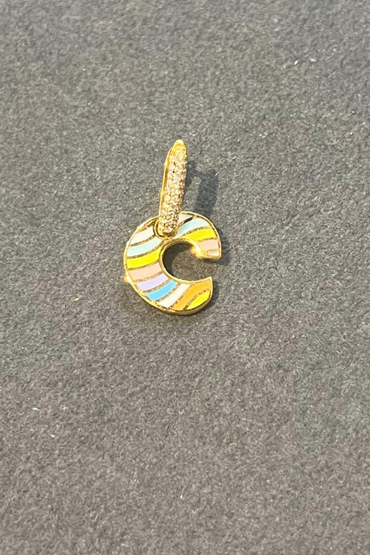 Renkli C Harfli Tekli Gümüş Halka Küpe By-7341