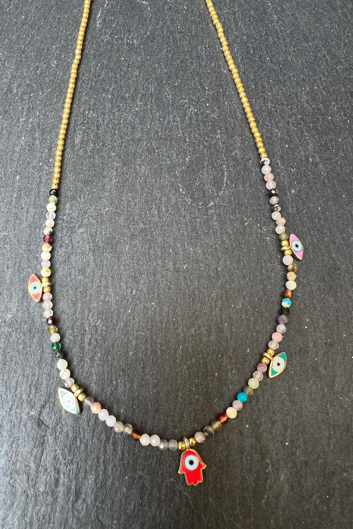 Renkli Göz Modelli Boncuklu Gümüş Kolye By-6371