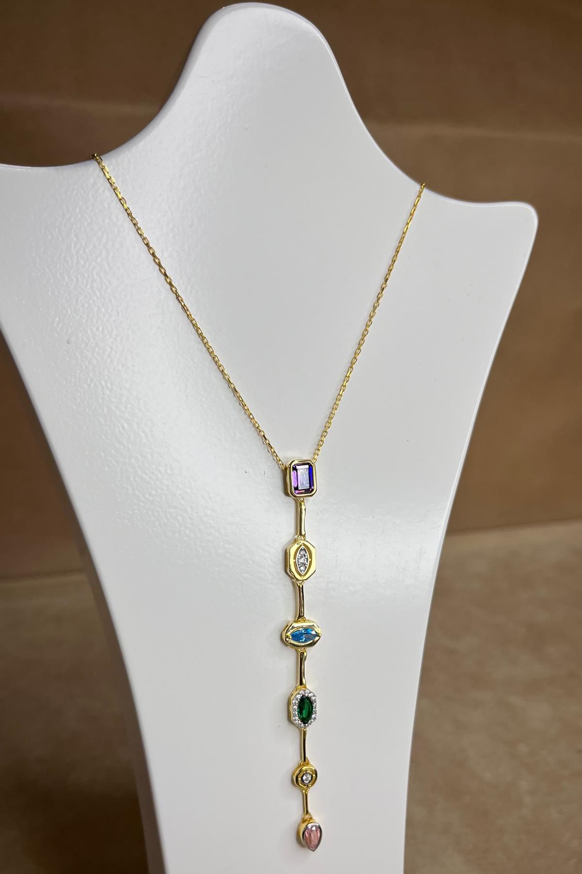 Renkli Taşlı Gümüş Kolye By-8935