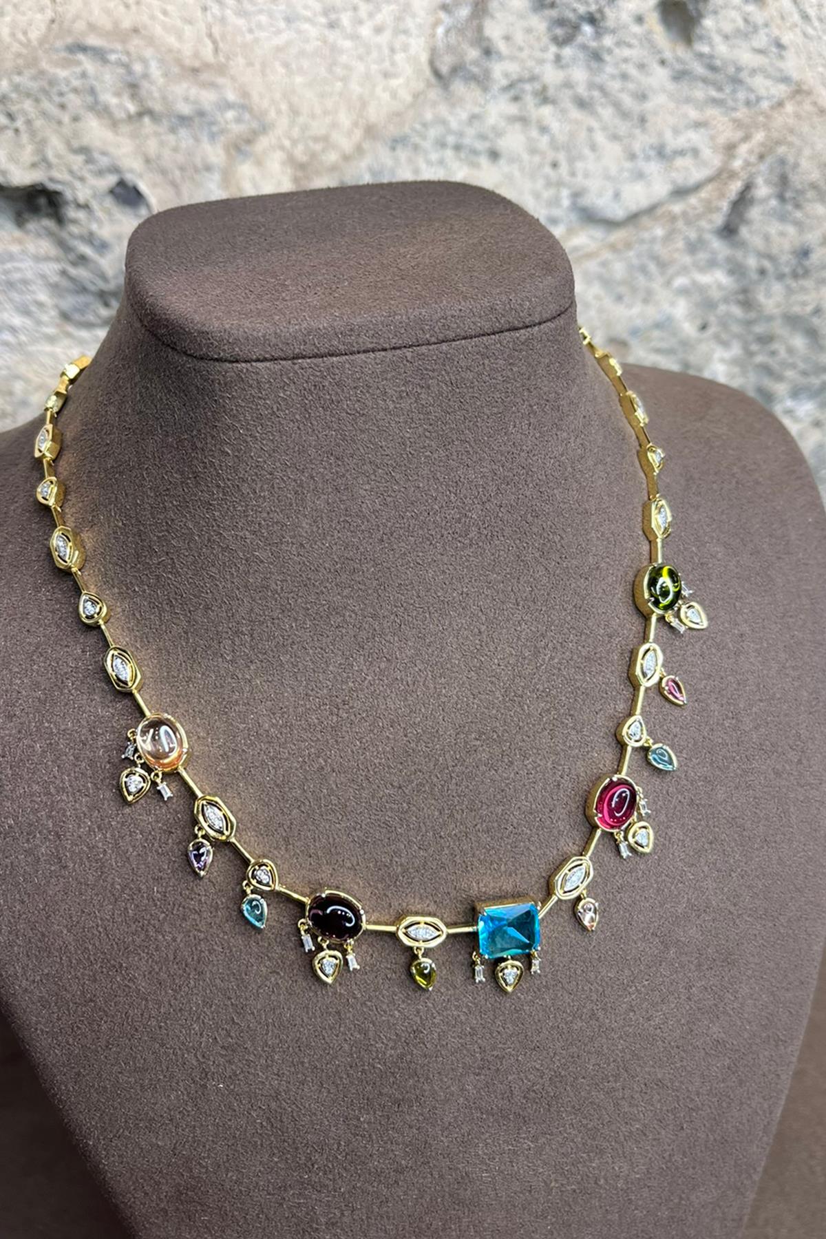 Renkli Taşlı Sallantılı Gümüş Kolye  By-9037