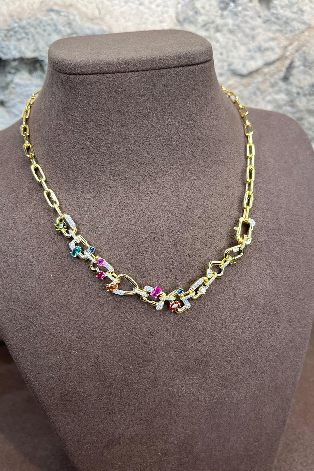 Renkli Taşlı Zincir Model Gümüş Kolye By-9029