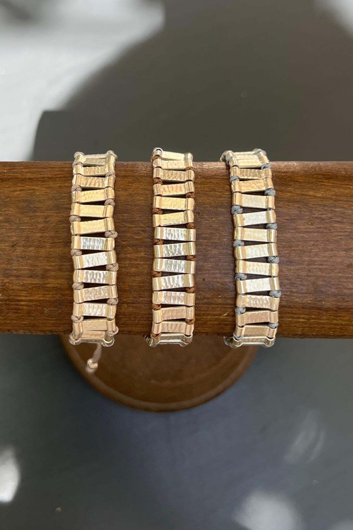 Şerit Model Düğümlü Gümüş Rengi Bronz Bileklik By-7168