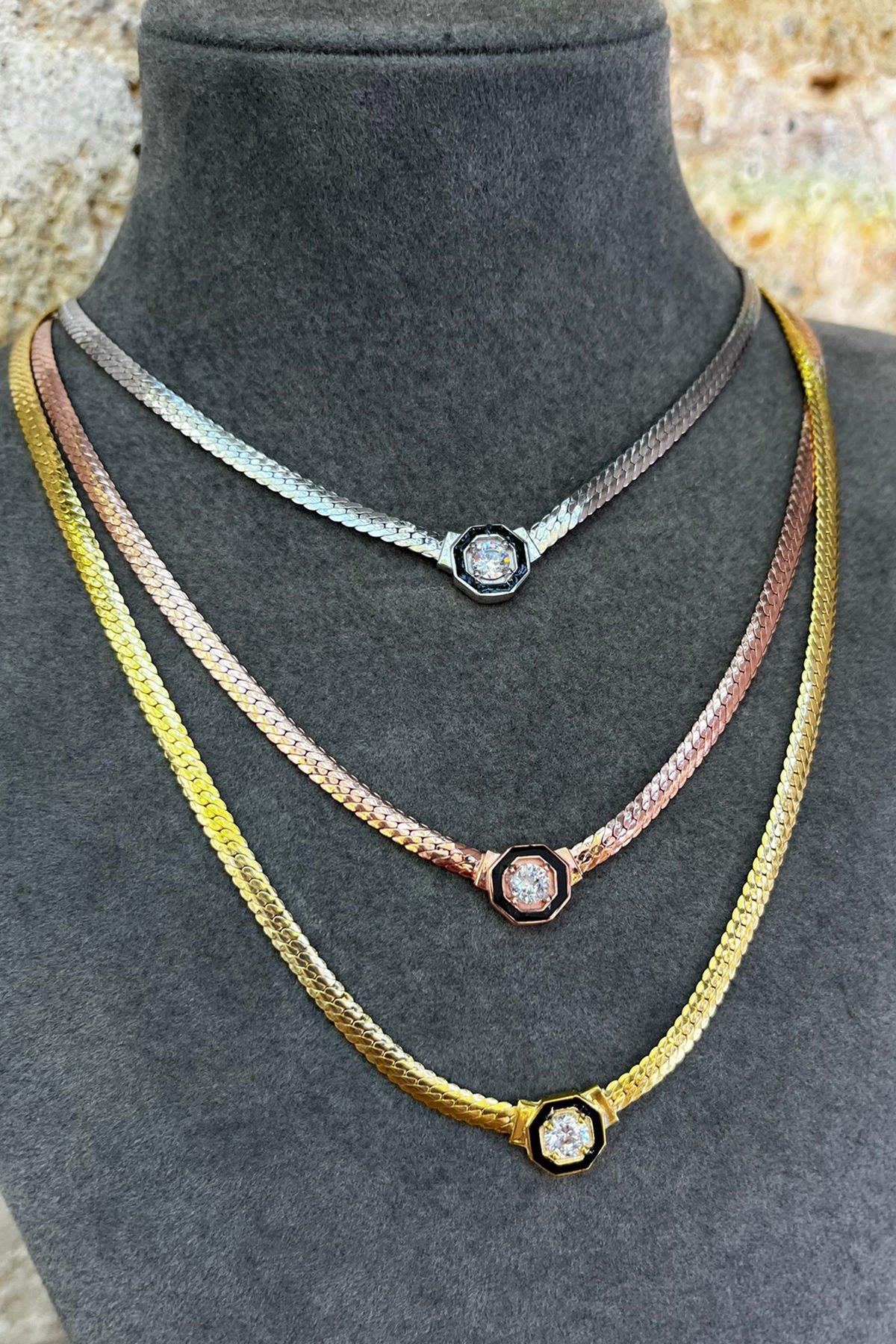 Siyah Taşlı Gümüş Kolye By-8360