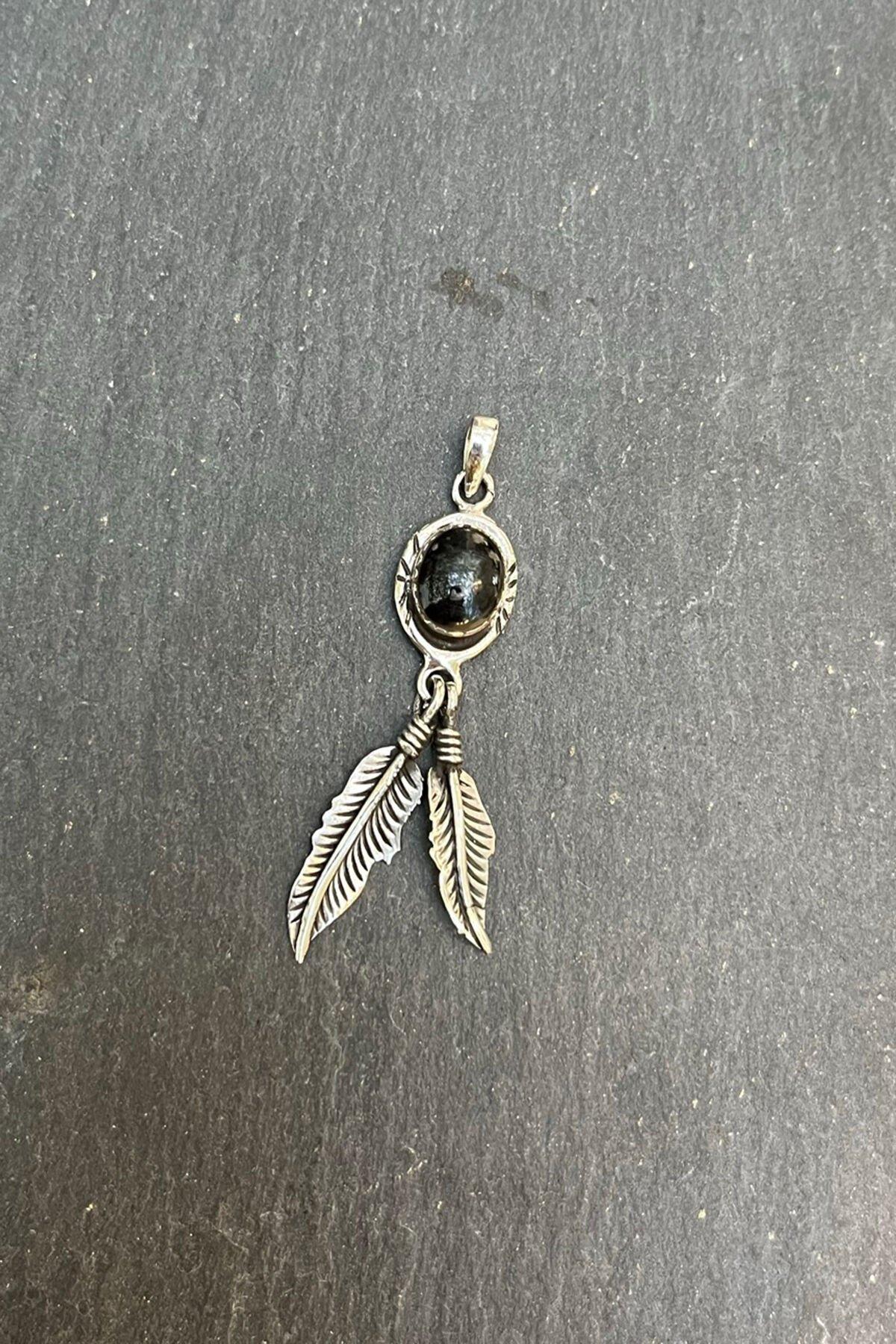 Siyah Taşlı Tüy Model Gümüş Erkek Kolye Ucu By-7629