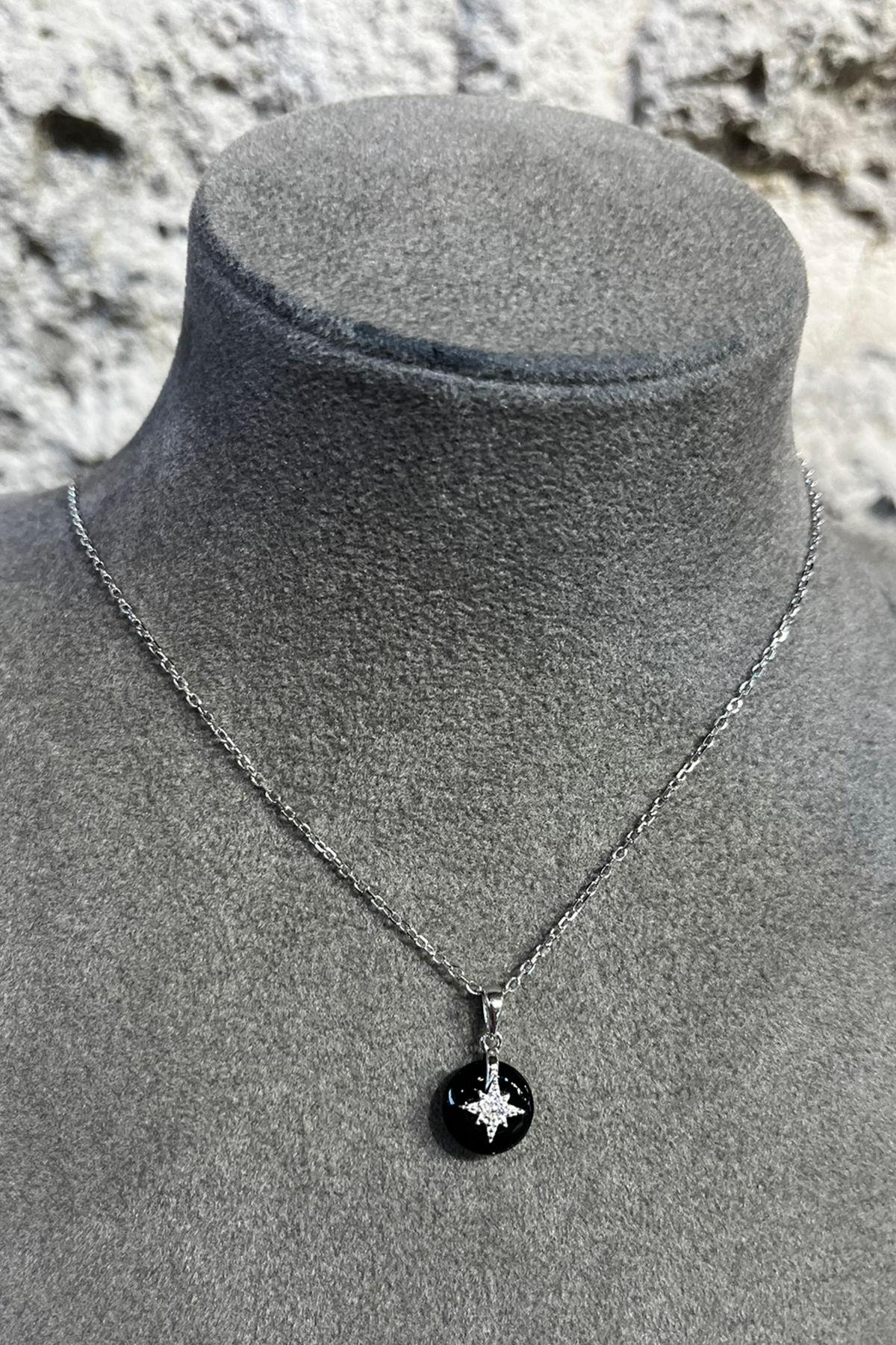Siyah Yıldız Model Taşlı Gümüş Kolye  By-8722
