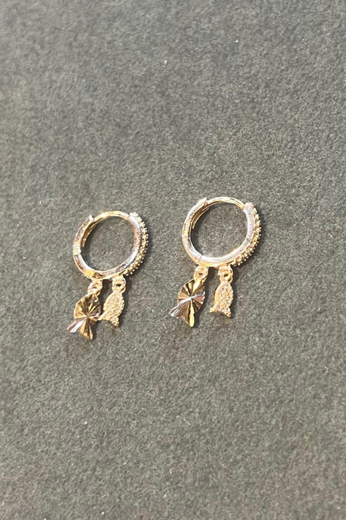 Taşlı Balıklı Sallantılı Gümüş Halka Küpe By-7302
